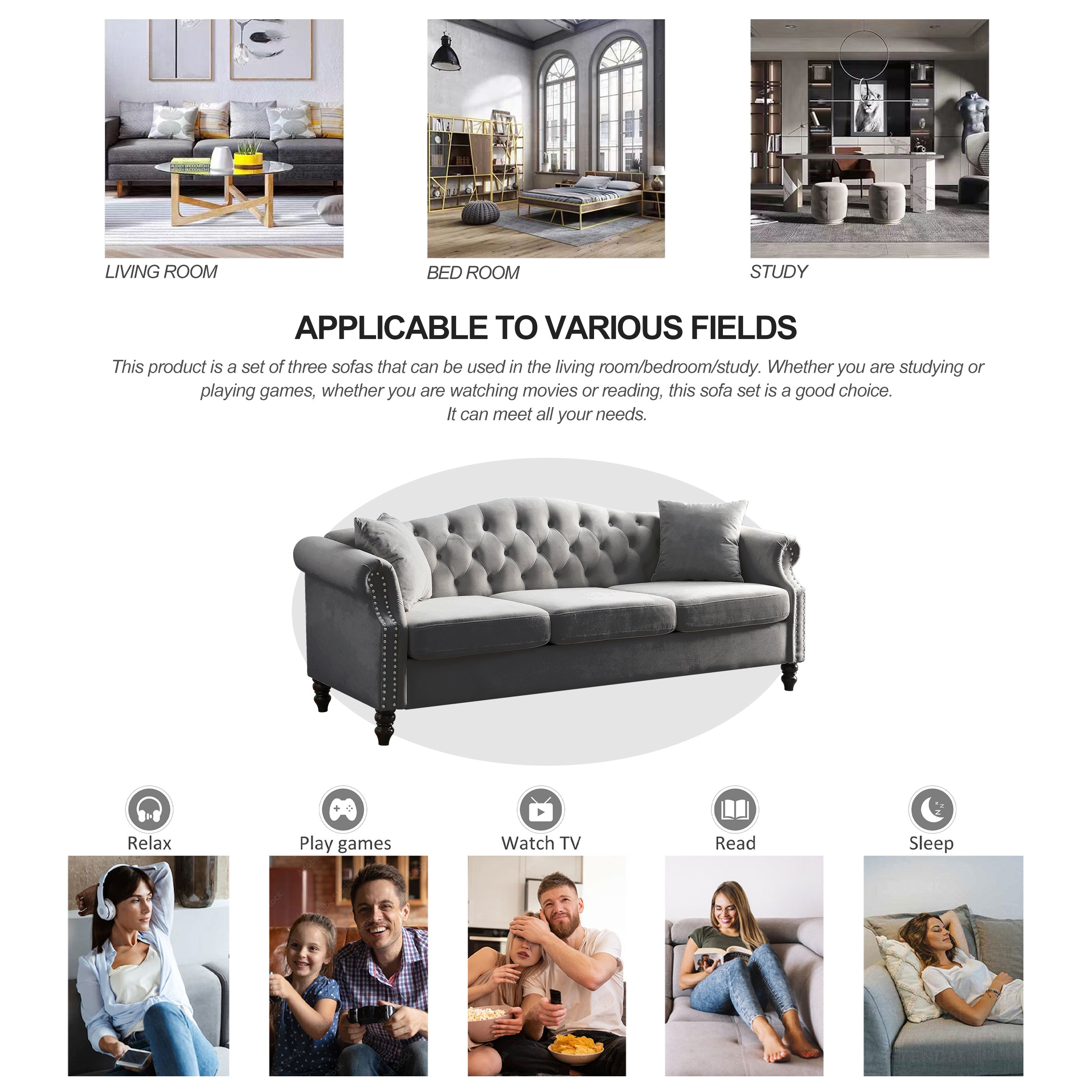 [Video] 79" Chesterfield Sofa Grey Velvet for Living Room, 3 Seater Sofa Tufted Couch with Rolled Arms and Nailhead for Living Room, Bedroom, Office, Apartment, two pillows