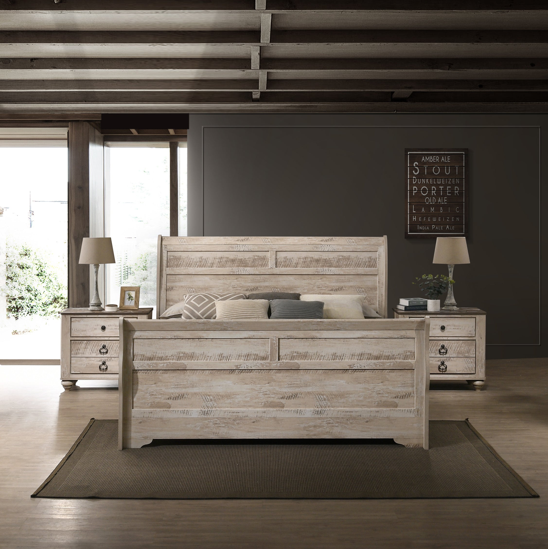 Imerland Contemporary White Wash Finish 3-Piece Bedroom Set-Sleigh Bed and Two Nightstands