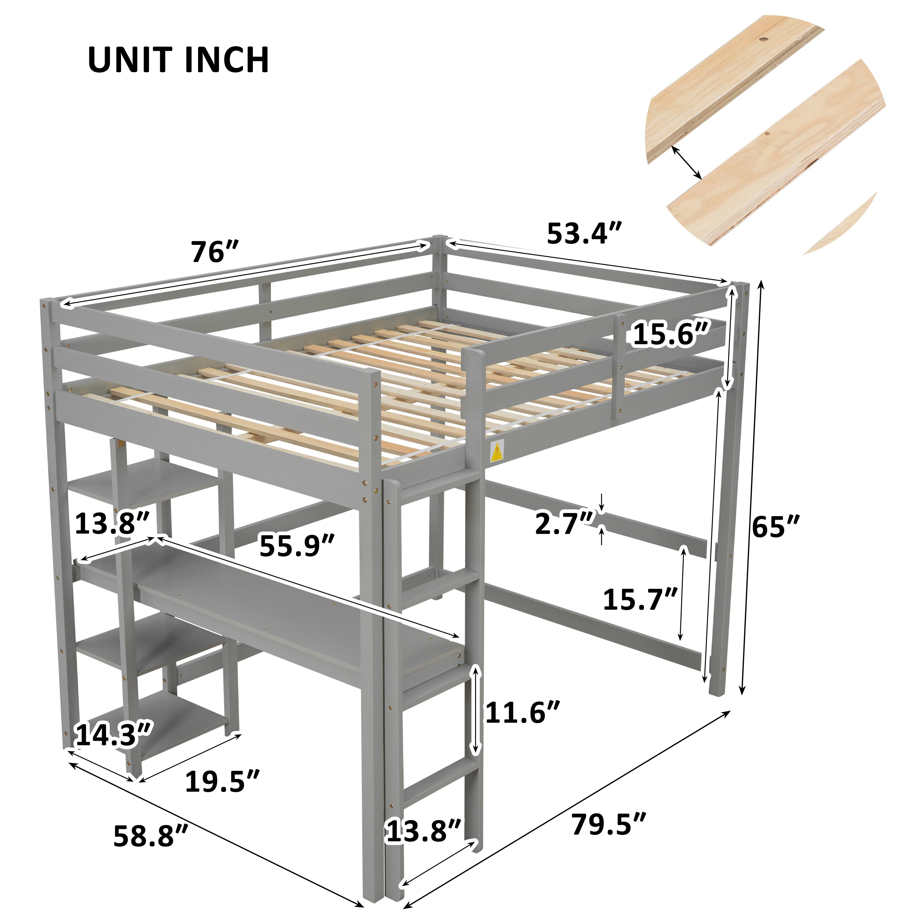 Full Loft Bed with Desk and Shelves,Grey