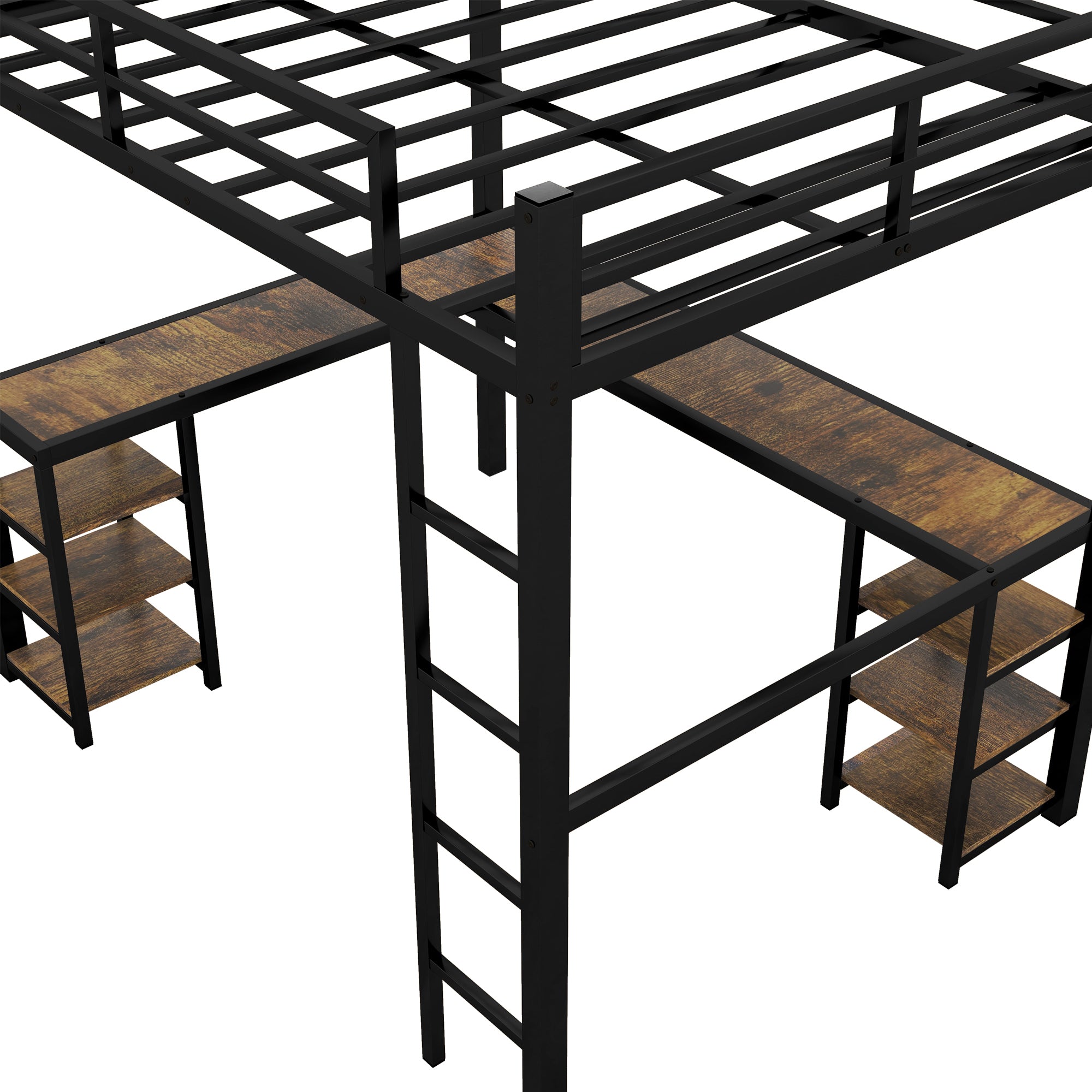 Full Metal Loft Bed with Desk and Shelves, Loft Bed with Ladder and Guardrails, Loft Bed Frame for Bedroom (Black) (Old SKU: W1307S00009)