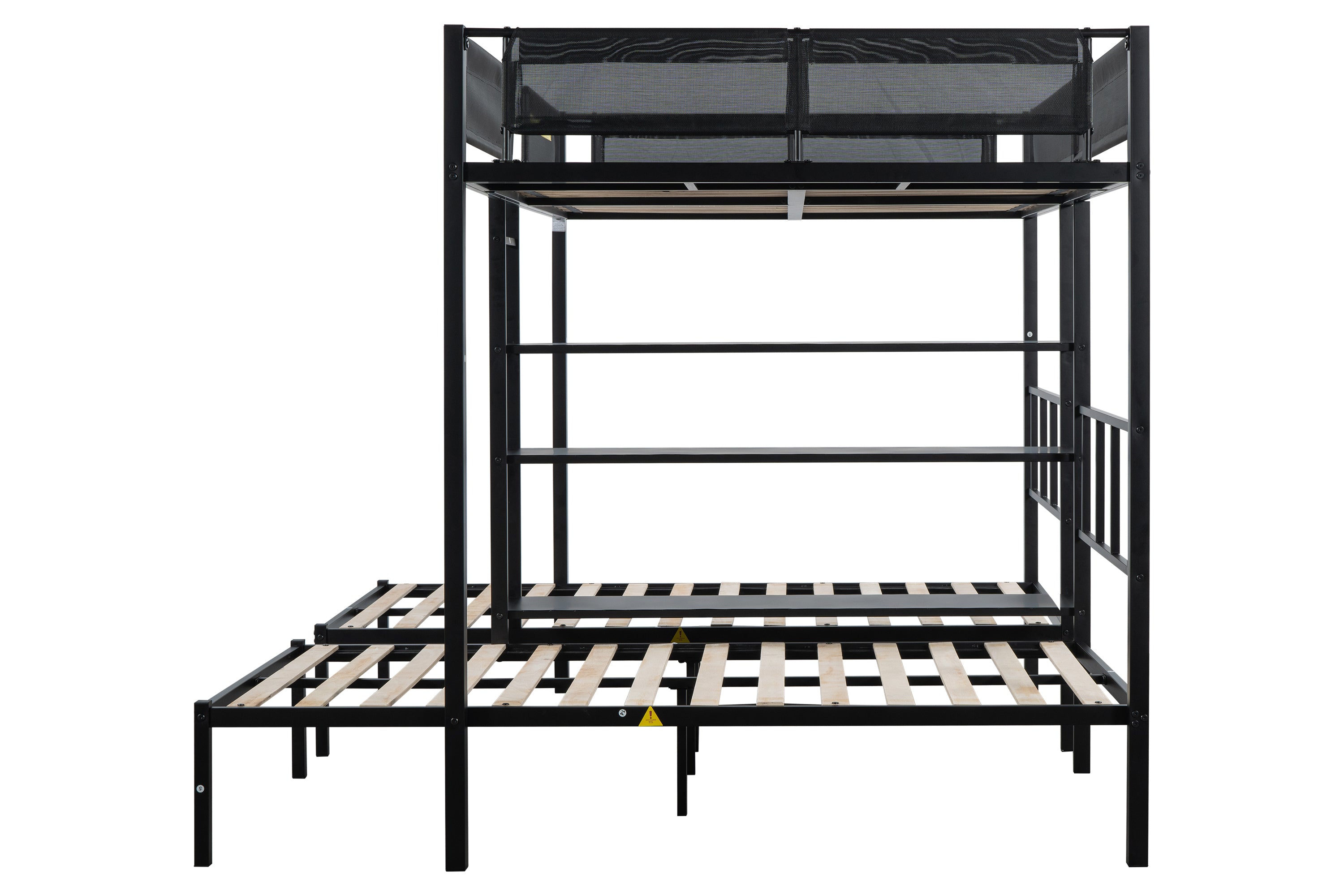 Metal Full over Twin Beds with Shelves/ Sturdy Metal Frame/ Noise-Free Wood Slats/ Comfortable Textilene Guardrail/ Bunk Bed for Three/ Built-in 3-Tier Shelves/ No Box Spring Needed