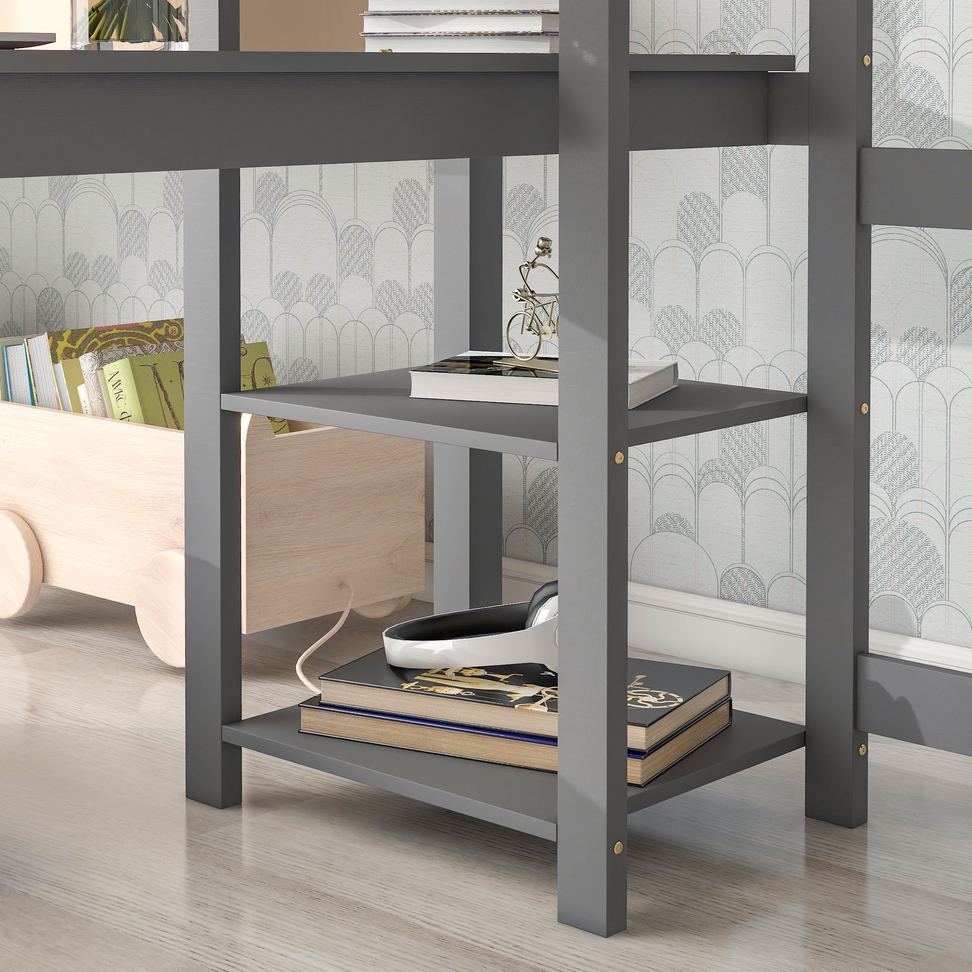 Full Loft Bed with Desk and Shelves,Grey