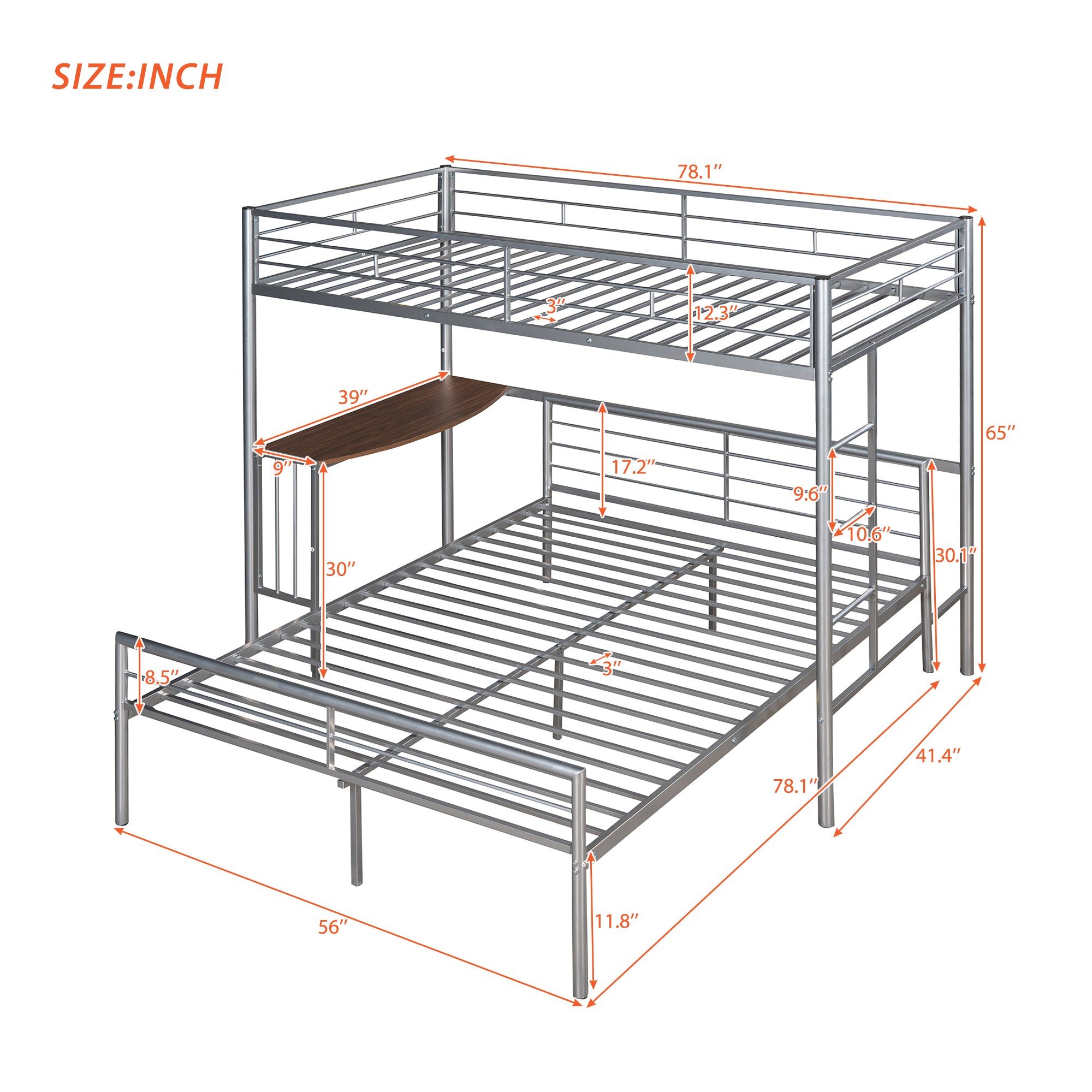 Twin Over Full Metal Bunk Bed with Desk, Ladder and Quality Slats for Bedroom, Metallic Silver（OLD SKU :LP000092AAN）