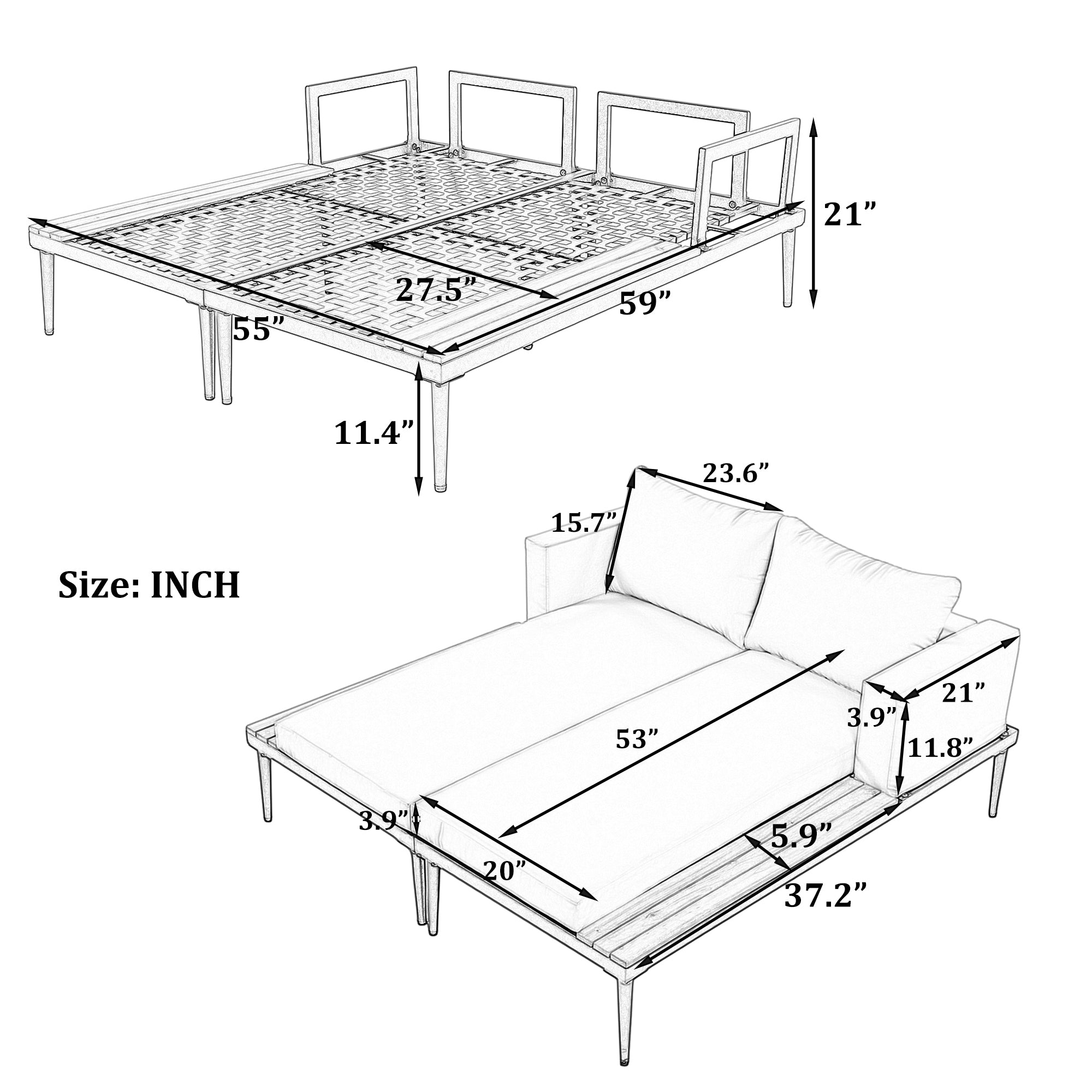 TOPMAX Modern Outdoor Daybed Patio Metal Daybed with Wood Topped Side Spaces for Drinks, 2 in 1 Padded Chaise Lounges for Poolside, Balcony, Deck, Beige