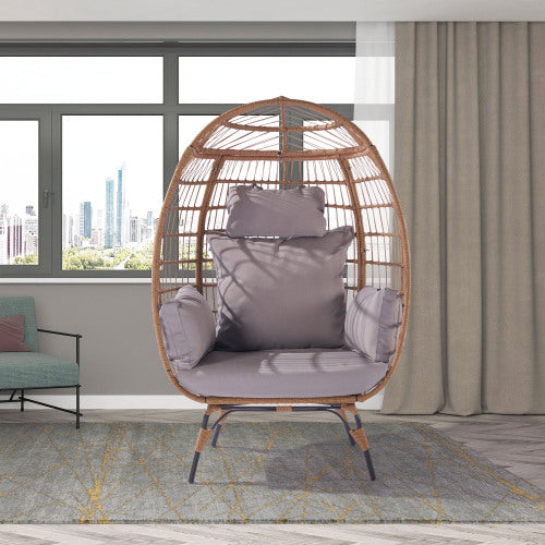 Wicker Egg Chair, Oversized Indoor Outdoor Lounger for Patio, Backyard, Living Room w/ 5 Cushions, Steel Frame,\