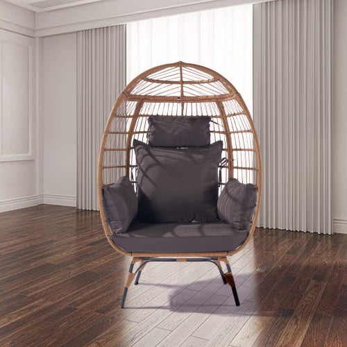 Wicker Egg Chair, Oversized Indoor Outdoor Lounger for Patio, Backyard, Living Room w/ 5 Cushions, Steel Frame,\