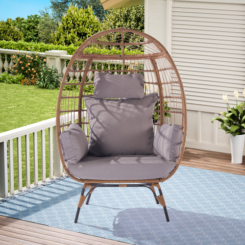 Wicker Egg Chair, Oversized Indoor Outdoor Lounger for Patio, Backyard, Living Room w/ 5 Cushions, Steel Frame,\