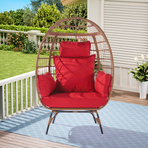 Wicker Egg Chair, Oversized Indoor Outdoor Lounger for Patio, Backyard, Living Room w/ 5 Cushions, Steel Frame,\