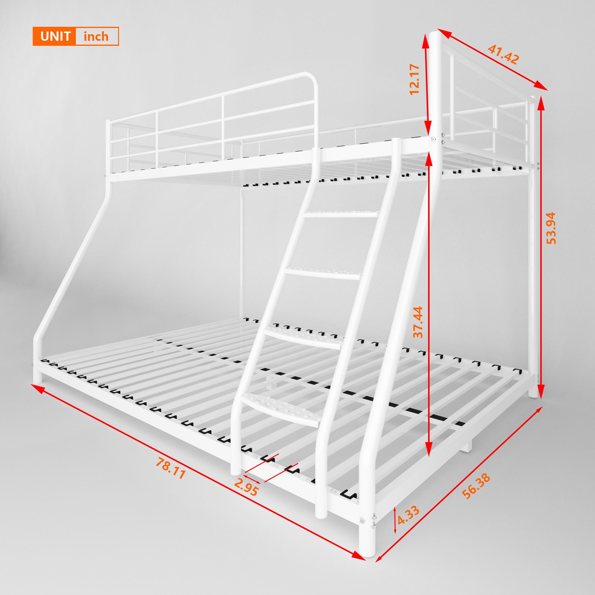 White Twin over Full Metal Bunk Bed with Comfortable Rungs, Easy to assemble