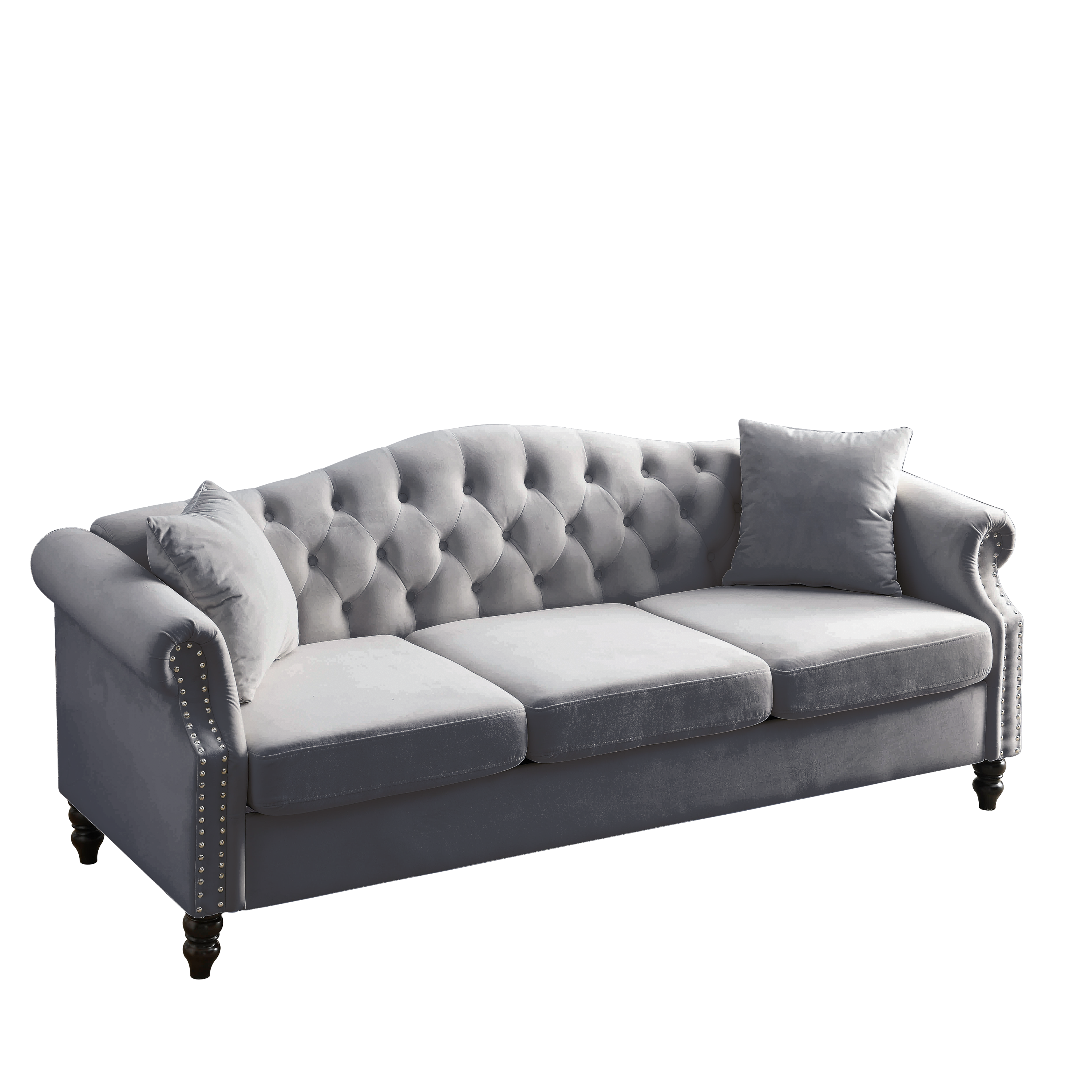 [Video] 79" Chesterfield Sofa Grey Velvet for Living Room, 3 Seater Sofa Tufted Couch with Rolled Arms and Nailhead for Living Room, Bedroom, Office, Apartment, two pillows