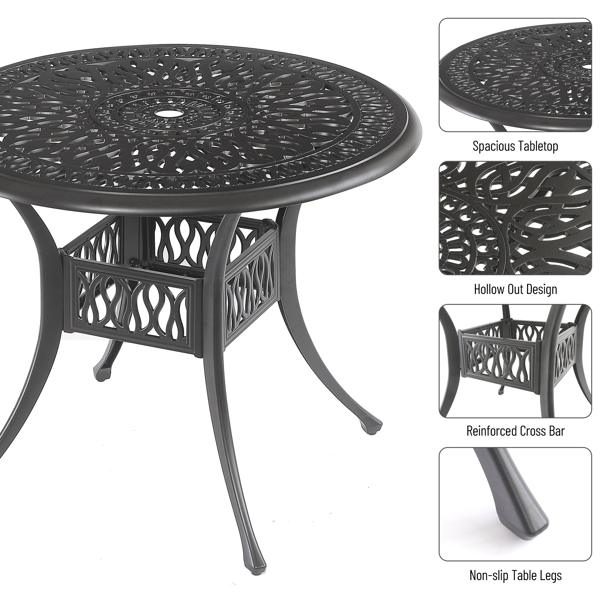 5PCS Outdoor Furniture Dining Table Set All-Weather Cast Aluminum Patio Furniture Includes 1 Round Table and 4 Chairs with Umbrella Hole for Patio Garden Deck, Lattice Weave Design,BLACK COLOR