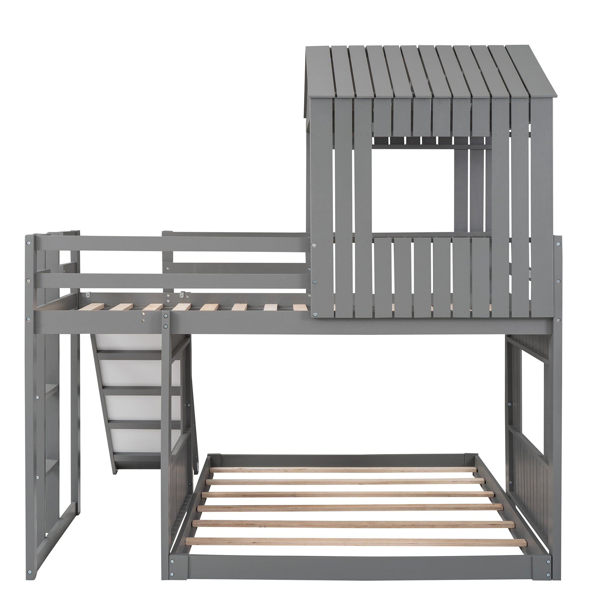 Wooden Twin Over Full Bunk Bed, Loft Bed with Playhouse, Farmhouse, Ladder, Slide and Guardrails, Gray(OLD SKU :LT000028AAN)