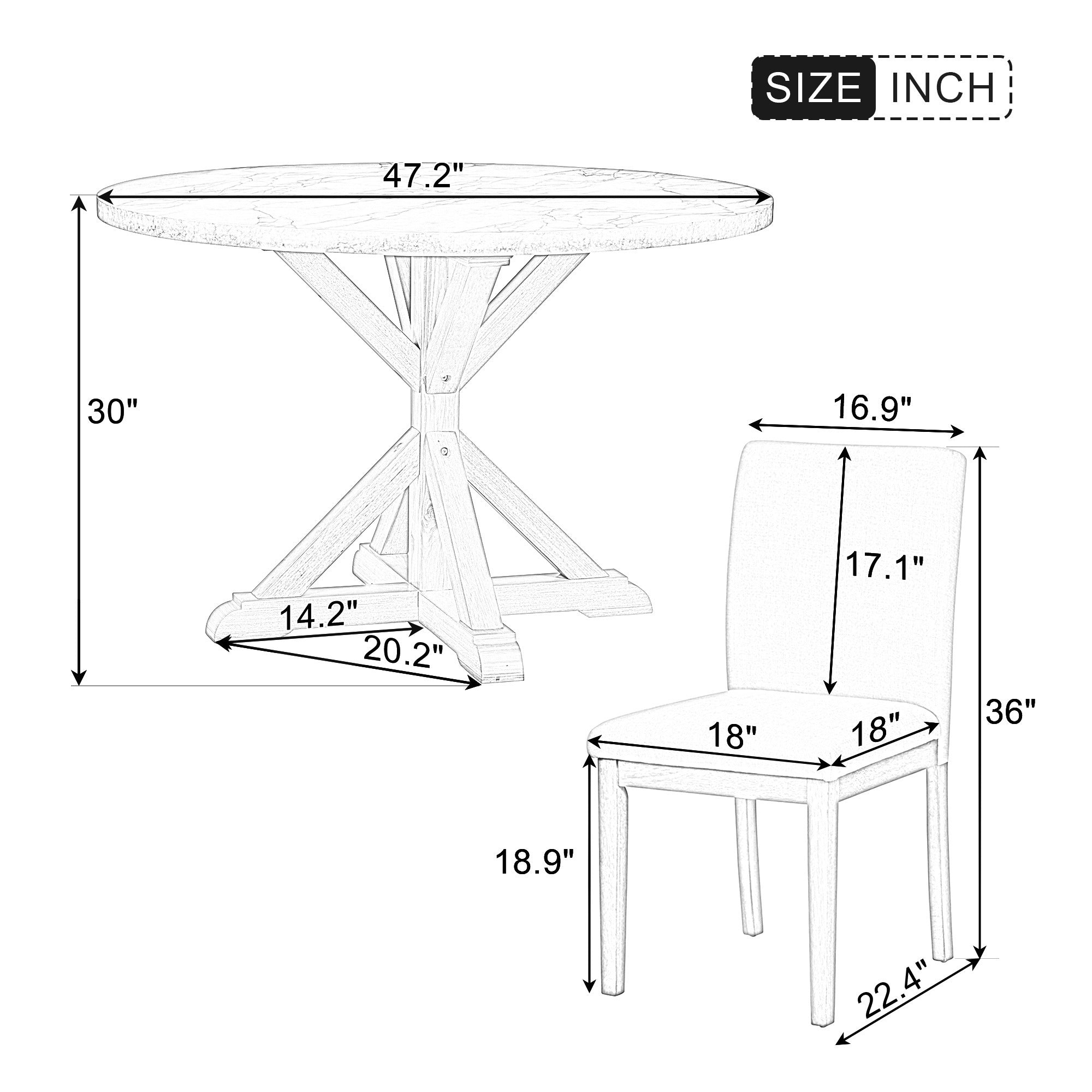 TREXM 5-Piece Farmhouse Style Dining Table Set, Marble Sticker and Cross Bracket Pedestal Dining Table, and 4 Upholstered Chairs (White+Walnut)