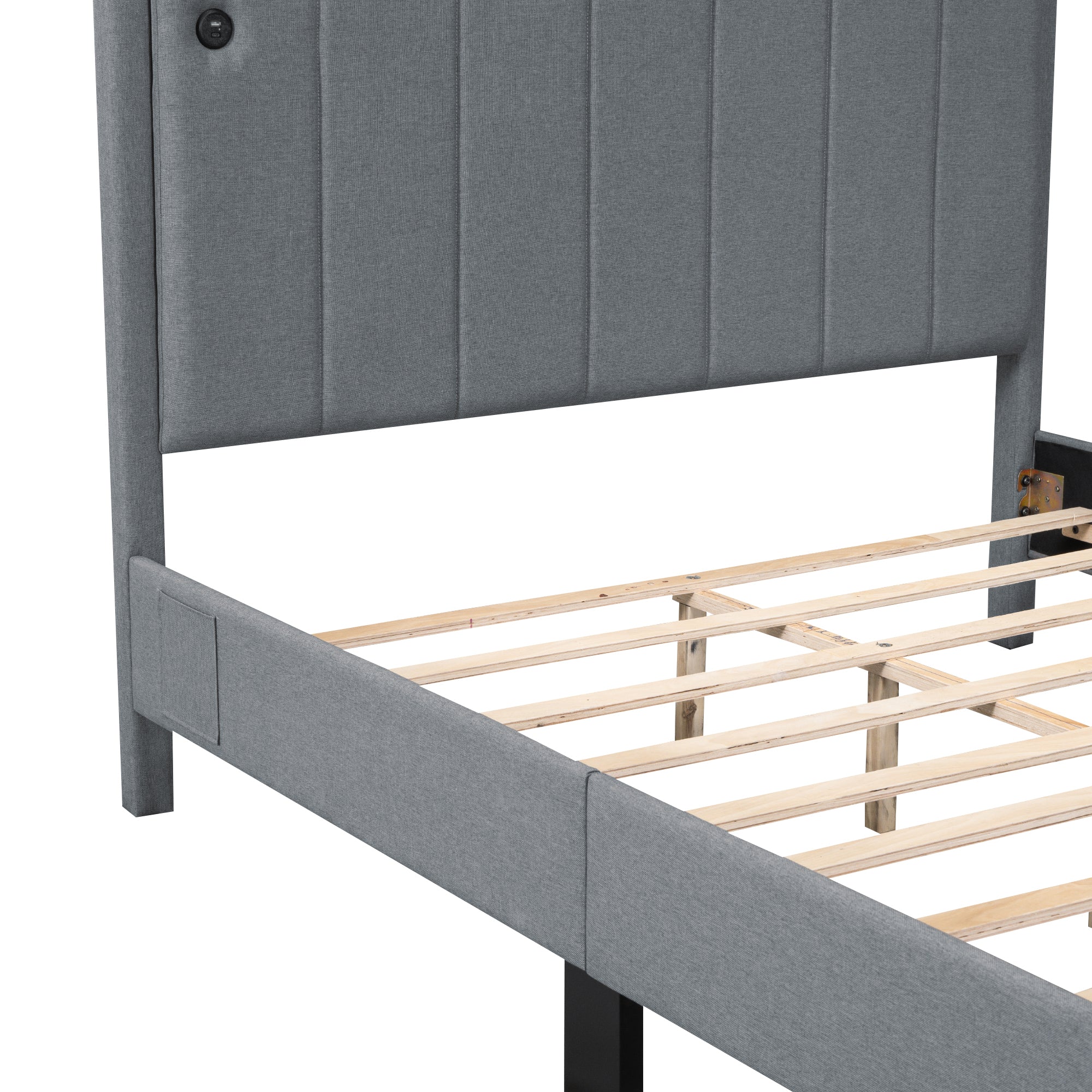 Queen Size Canopy Platform Bed with USB and Type-C Ports, Canvas, Gray