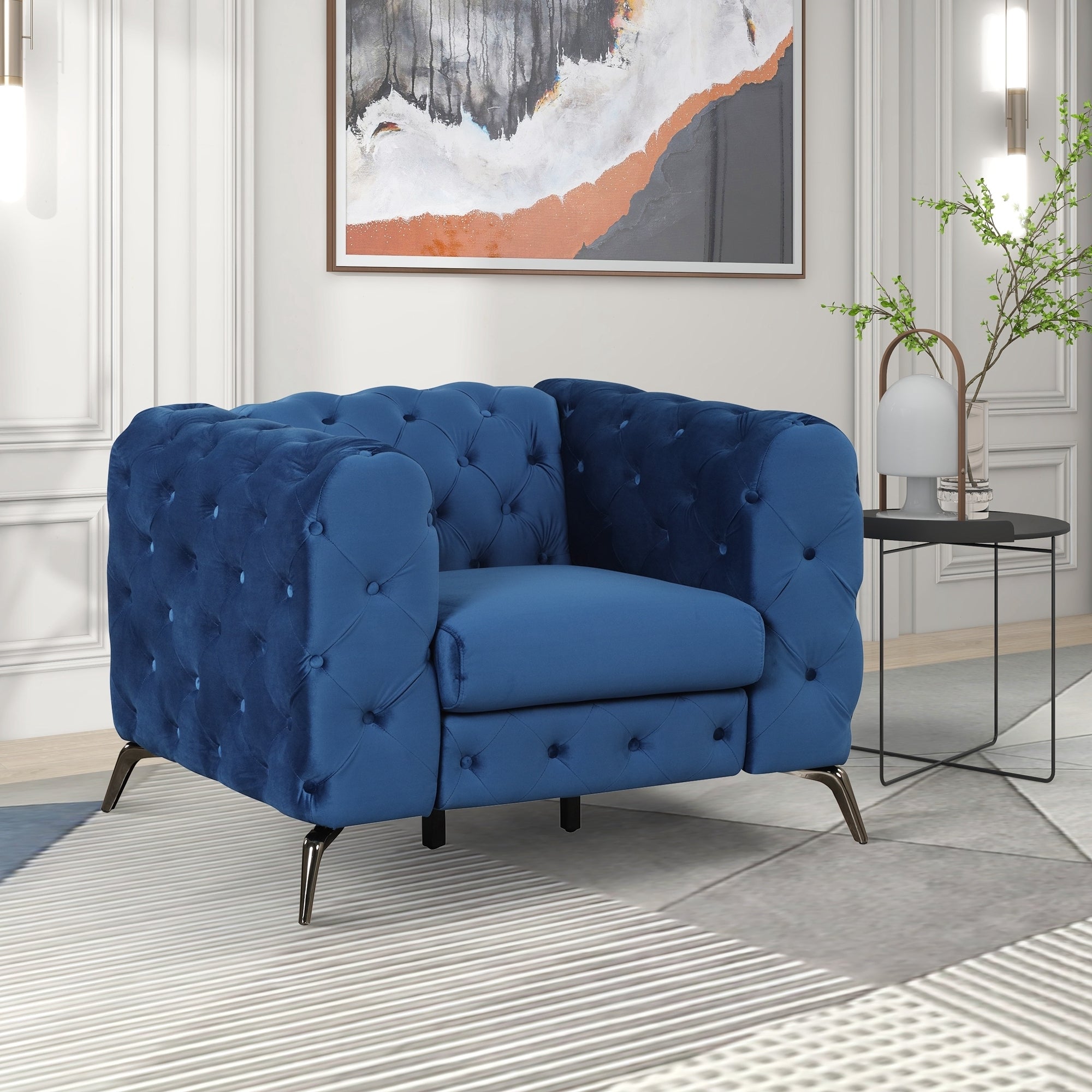 Modern 3-Piece Sofa Sets with Sturdy Metal Legs,Velvet Upholstered Couches Sets Including Three Seat Sofa, Loveseat and Single Chair for Living Room Furniture Set,Blue