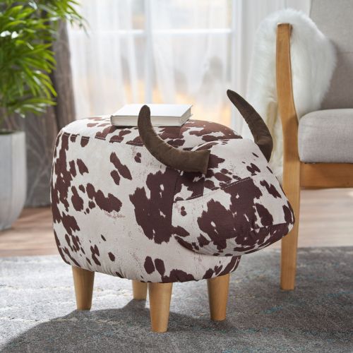 Velvet Cow-Shaped Ottoman, Cute Wood Foot Stool Shoes Changing Seat with Cushioned for Adult Living Room, Bedroom, Nursery Gameroom, Playroom, Porch Furniture