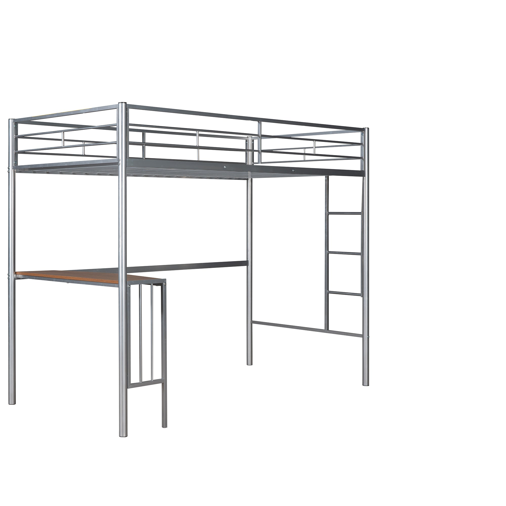 Twin Over Full Metal Bunk Bed with Desk, Ladder and Quality Slats for Bedroom, Metallic Silver（OLD SKU :LP000092AAN）