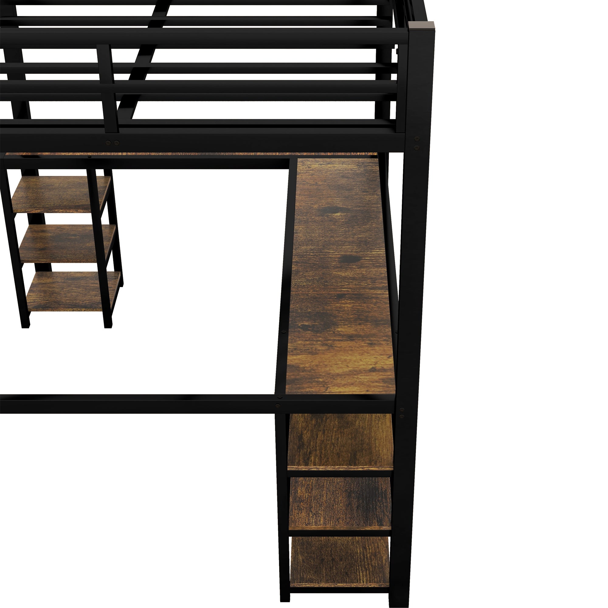 Full Metal Loft Bed with Desk and Shelves, Loft Bed with Ladder and Guardrails, Loft Bed Frame for Bedroom (Black) (Old SKU: W1307S00009)