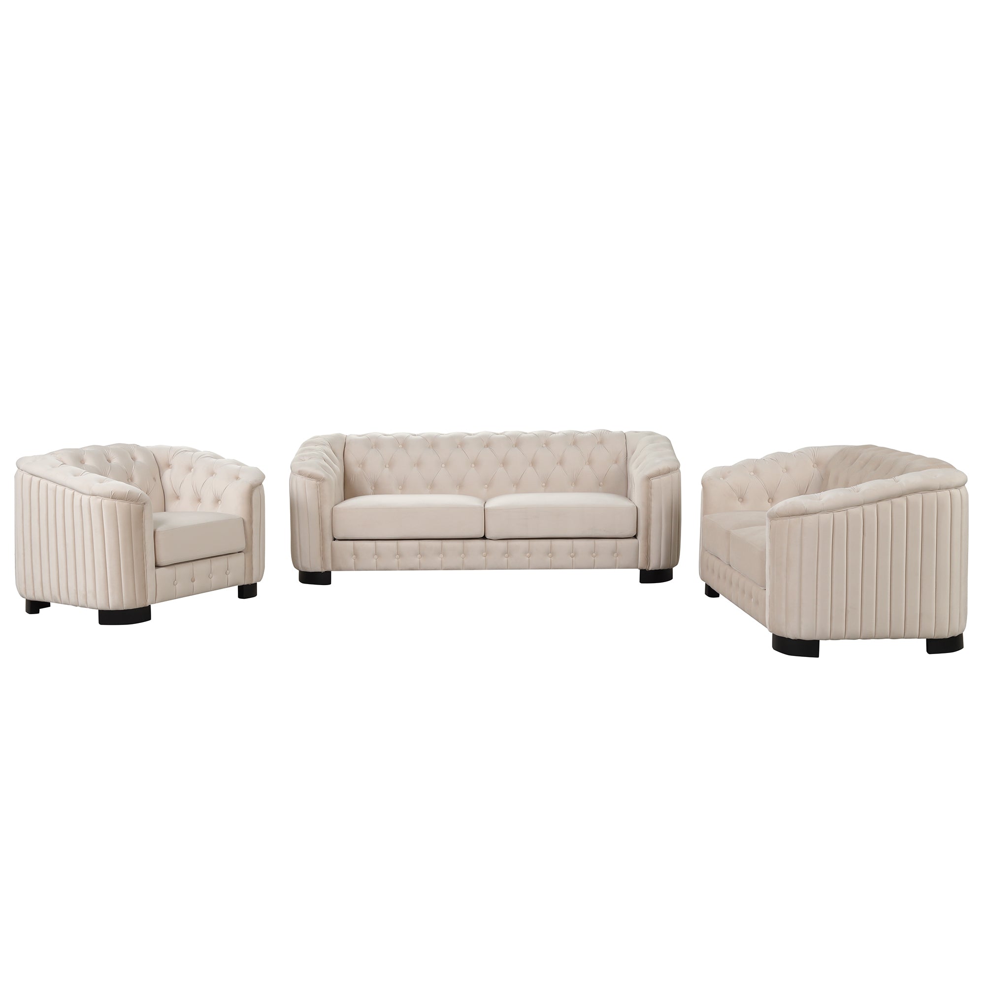 Modern 3-Piece Sofa Sets with Rubber Wood Legs,Velvet Upholstered Couches Sets Including Three Seat Sofa, Loveseat and Single Chair for Living Room Furniture Set,Beige