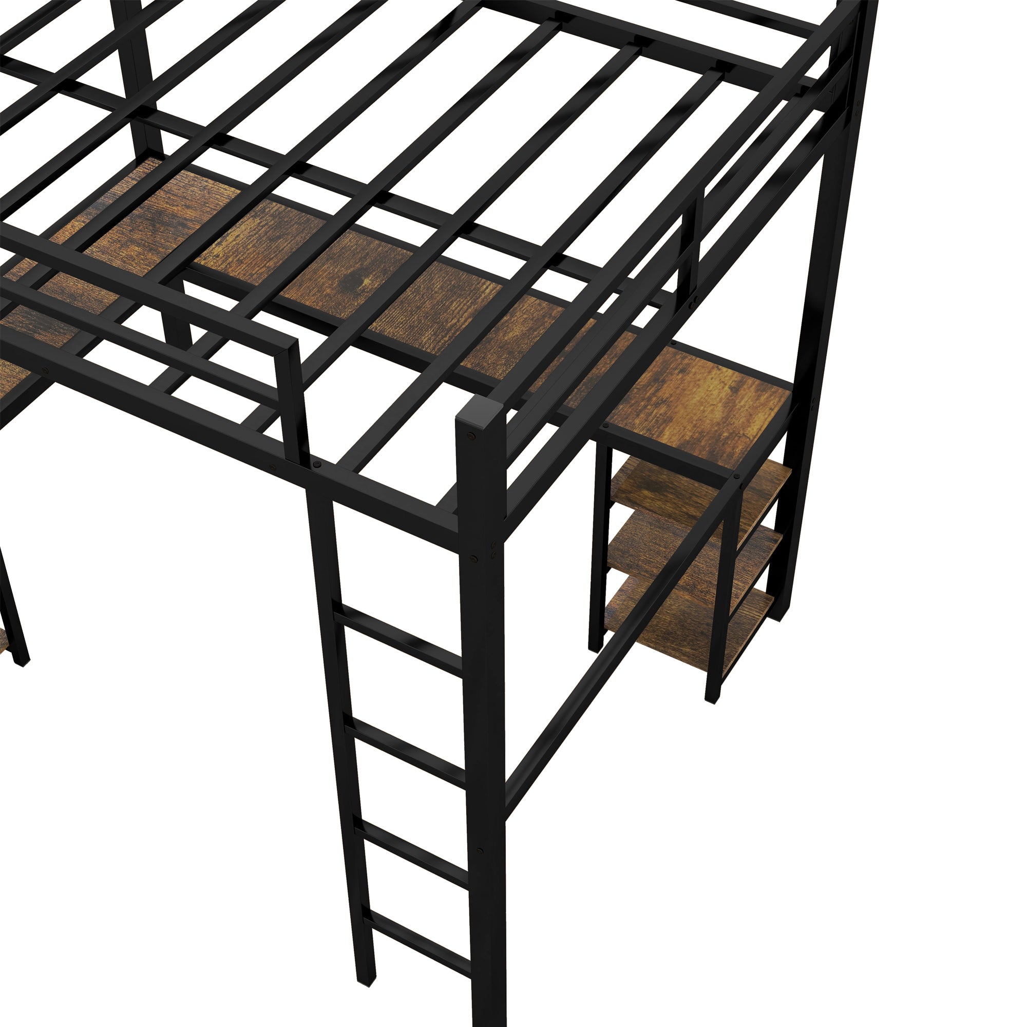 Full Metal Loft Bed with Desk and Shelves, Loft Bed with Ladder and Guardrails, Loft Bed Frame for Bedroom (Black) (Old SKU: W1307S00009)