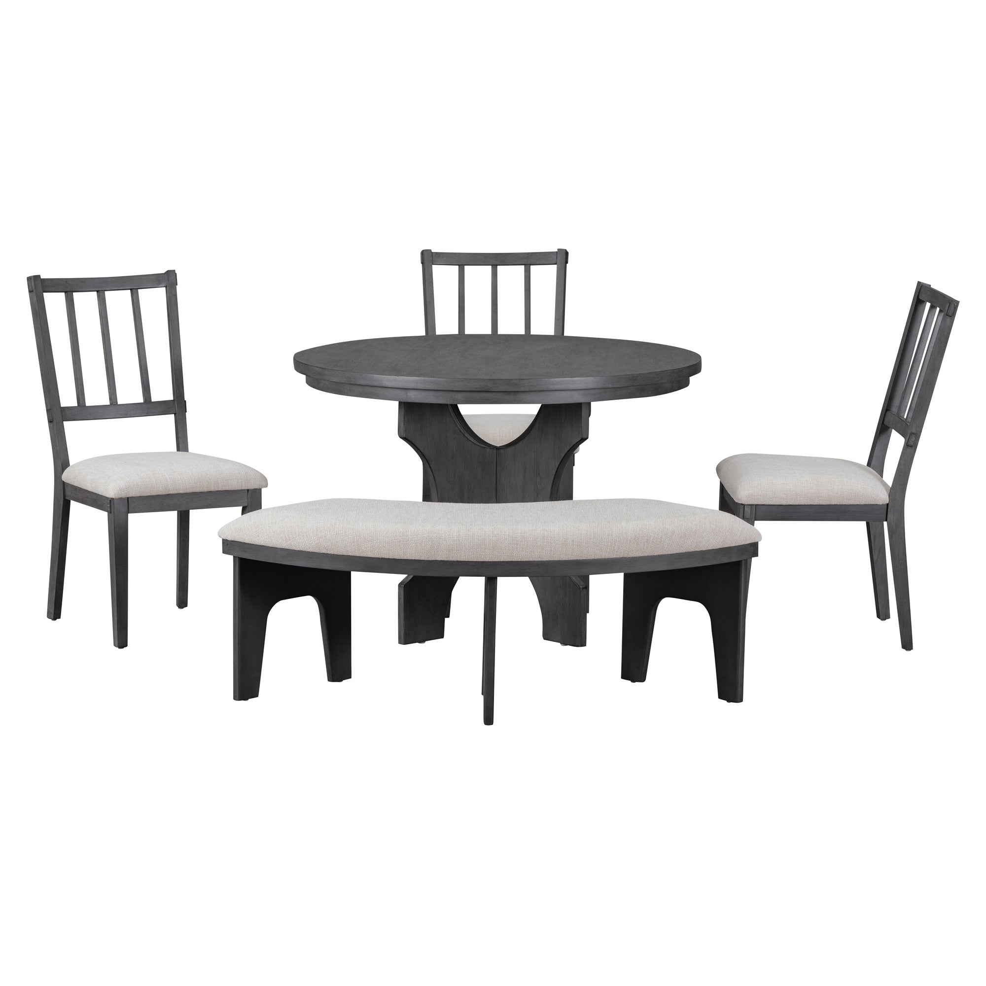 TREXM 5-Piece Dining Table Set, 44" Round Dining Table with Curved Bench & Side Chairs for 4-5 People for Dining Room and Kitchen (Grey)