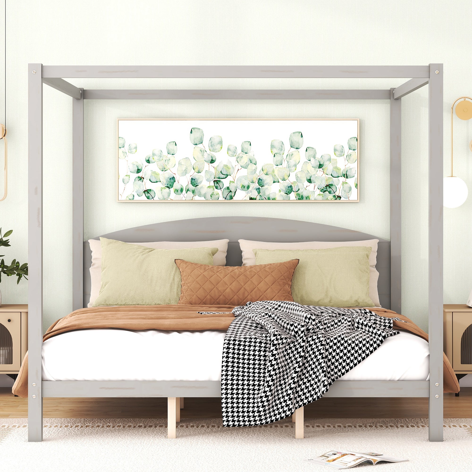 King Size Canopy Platform Bed with Headboard and Support Legs, Grey Wash