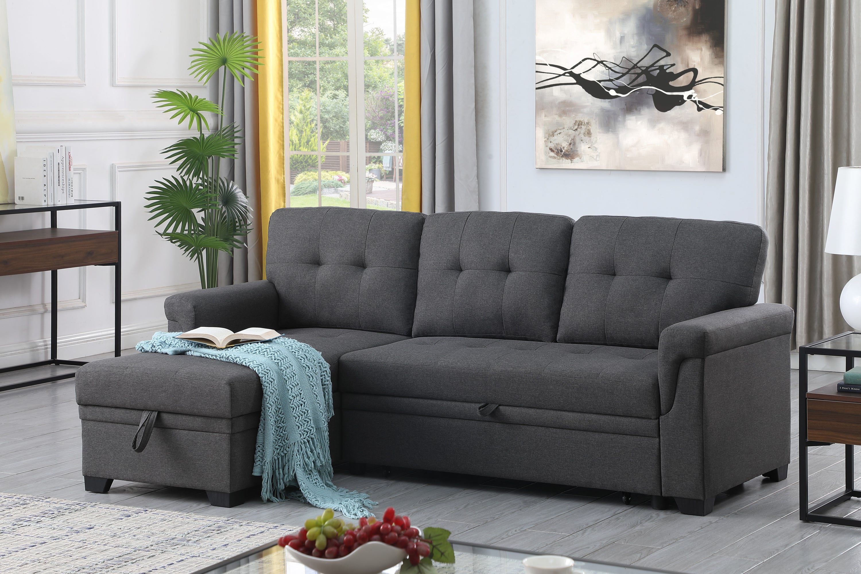 Lucca 84" Linen Reversible Sleeper Sectional Sofa with Storage Chaise