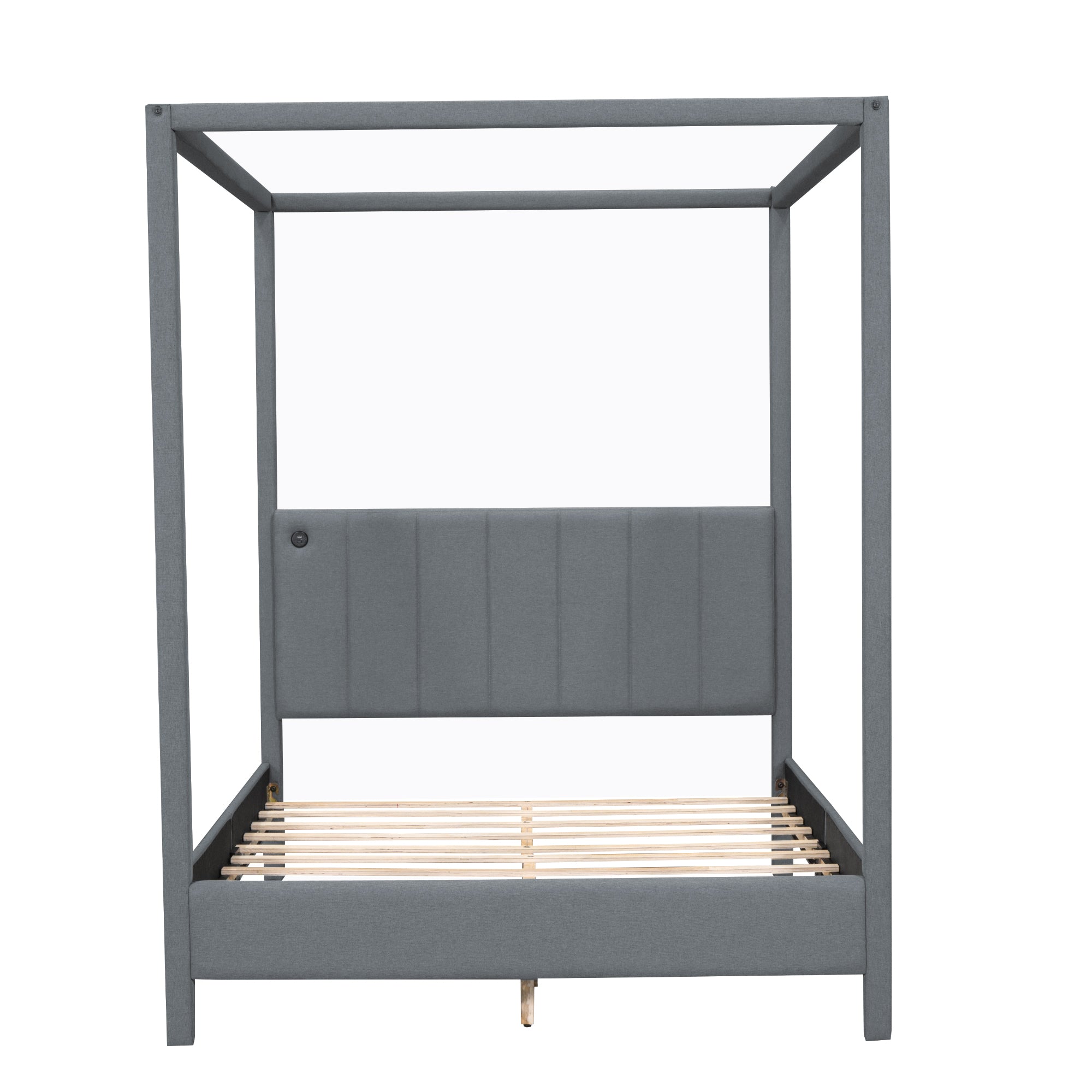 Queen Size Canopy Platform Bed with USB and Type-C Ports, Canvas, Gray