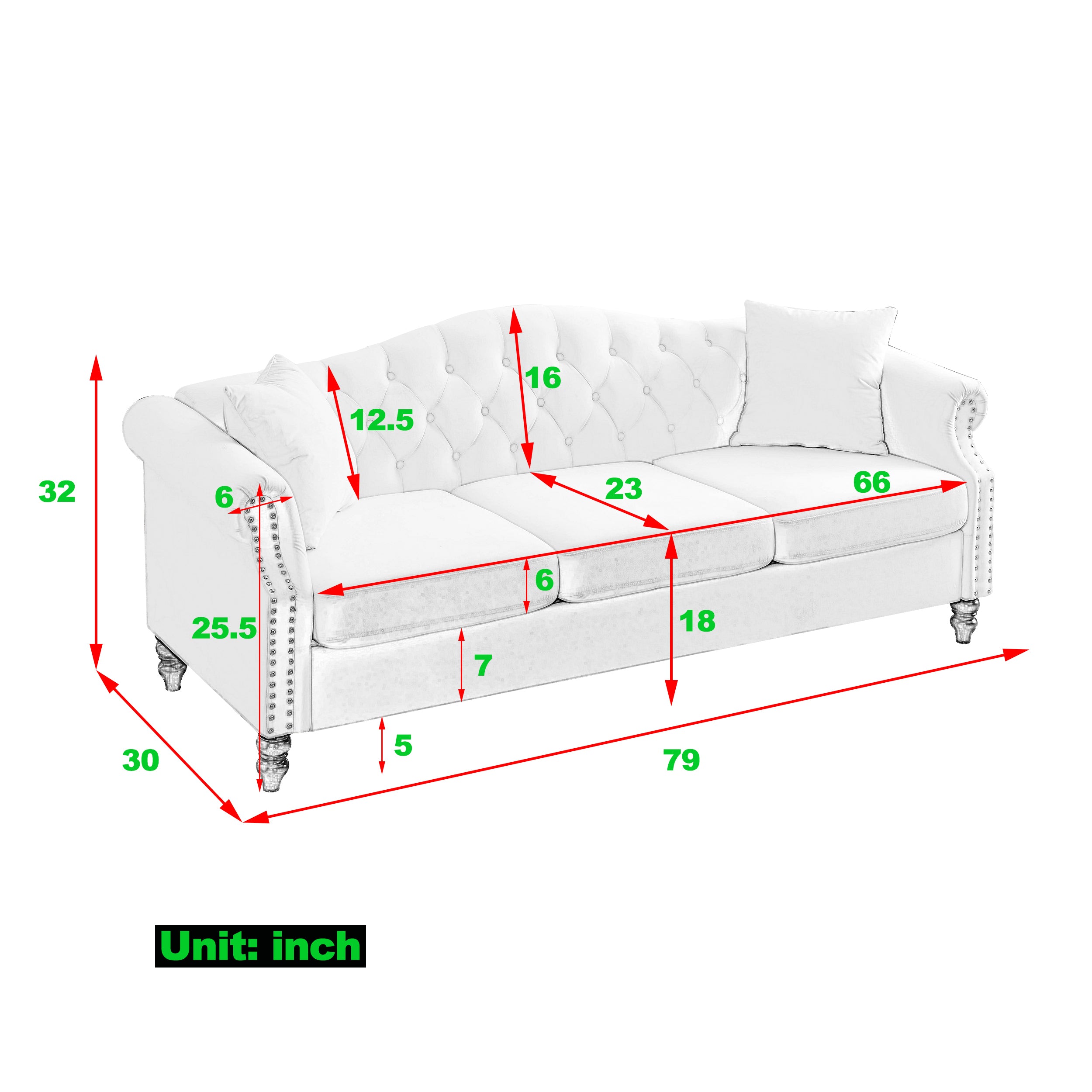 [Video] 79" Chesterfield Sofa Grey Velvet for Living Room, 3 Seater Sofa Tufted Couch with Rolled Arms and Nailhead for Living Room, Bedroom, Office, Apartment, two pillows