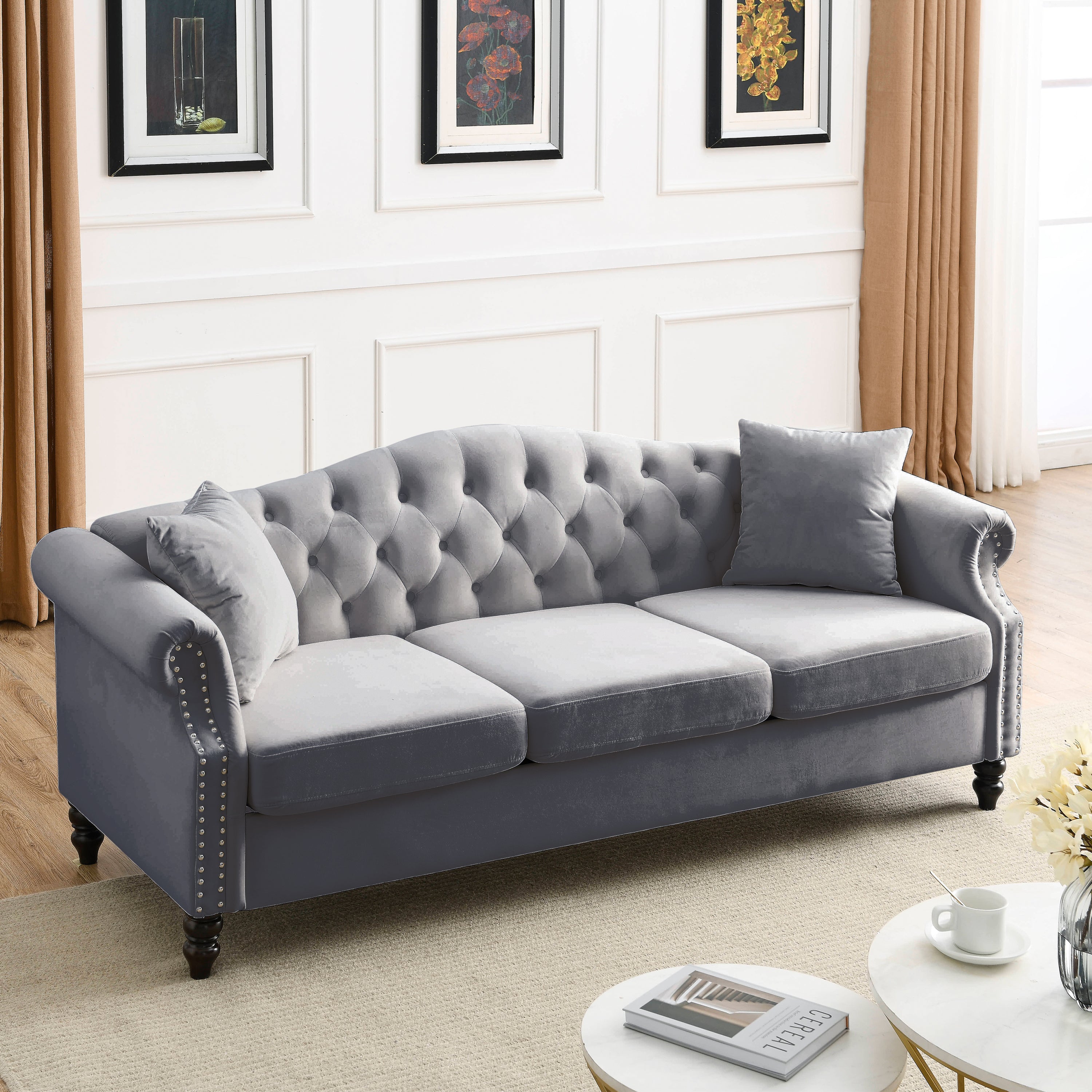 [Video] 79" Chesterfield Sofa Grey Velvet for Living Room, 3 Seater Sofa Tufted Couch with Rolled Arms and Nailhead for Living Room, Bedroom, Office, Apartment, two pillows