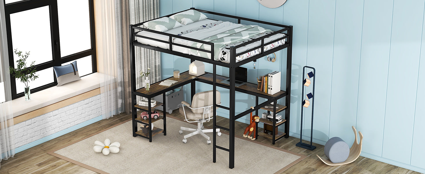 Full Metal Loft Bed with Desk and Shelves, Loft Bed with Ladder and Guardrails, Loft Bed Frame for Bedroom (Black) (Old SKU: W1307S00009)