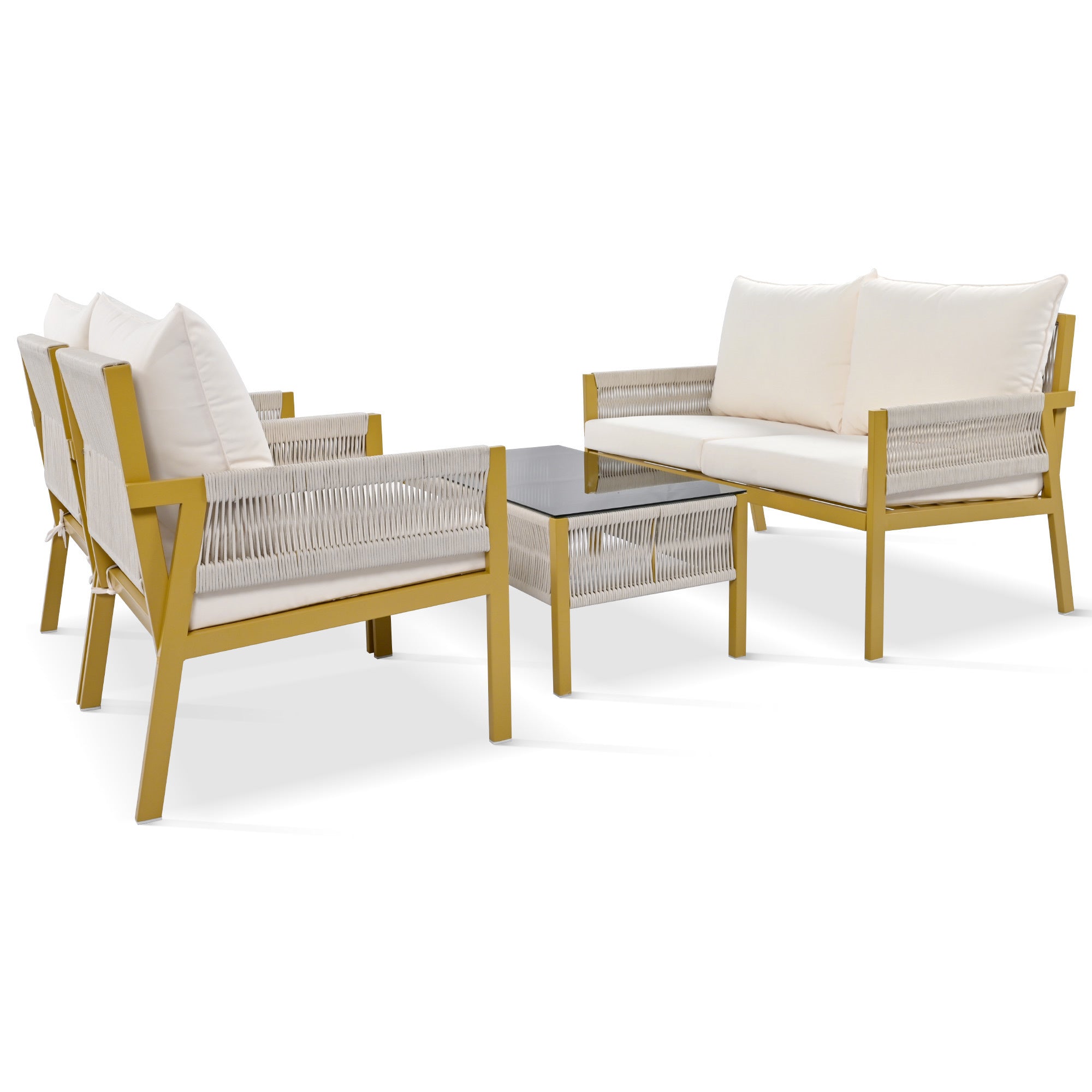 K&K 4-Piece Rope Patio Furniture Set, Outdoor Furniture with Tempered Glass Table, Patio Conversation Set Deep Seating with Thick Cushion for Backyard Porch Balcony (Beige&Mustard Yellow)