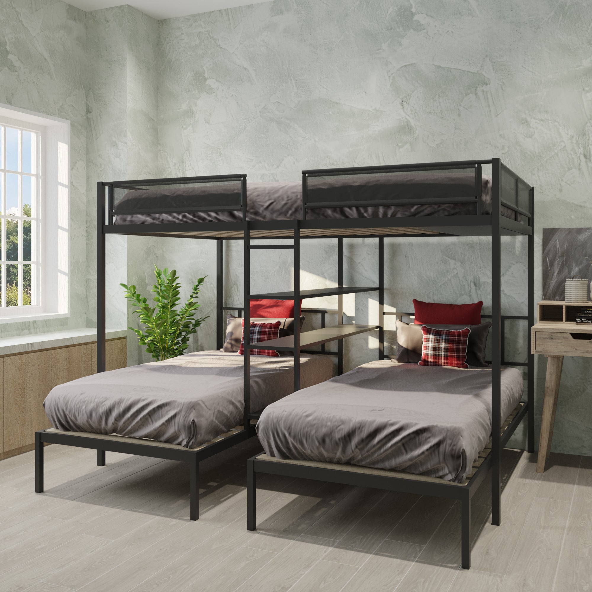 Metal Full over Twin Beds with Shelves/ Sturdy Metal Frame/ Noise-Free Wood Slats/ Comfortable Textilene Guardrail/ Bunk Bed for Three/ Built-in 3-Tier Shelves/ No Box Spring Needed