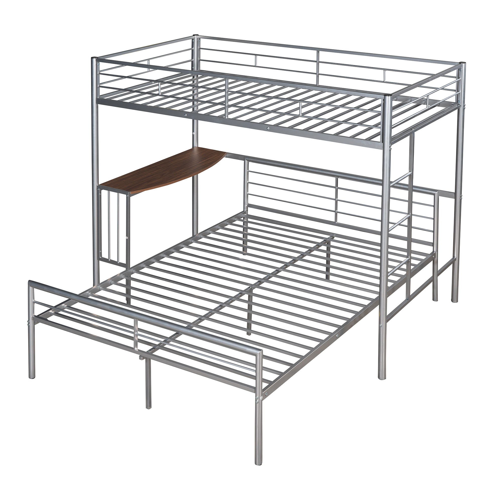 Twin Over Full Metal Bunk Bed with Desk, Ladder and Quality Slats for Bedroom, Metallic Silver（OLD SKU :LP000092AAN）