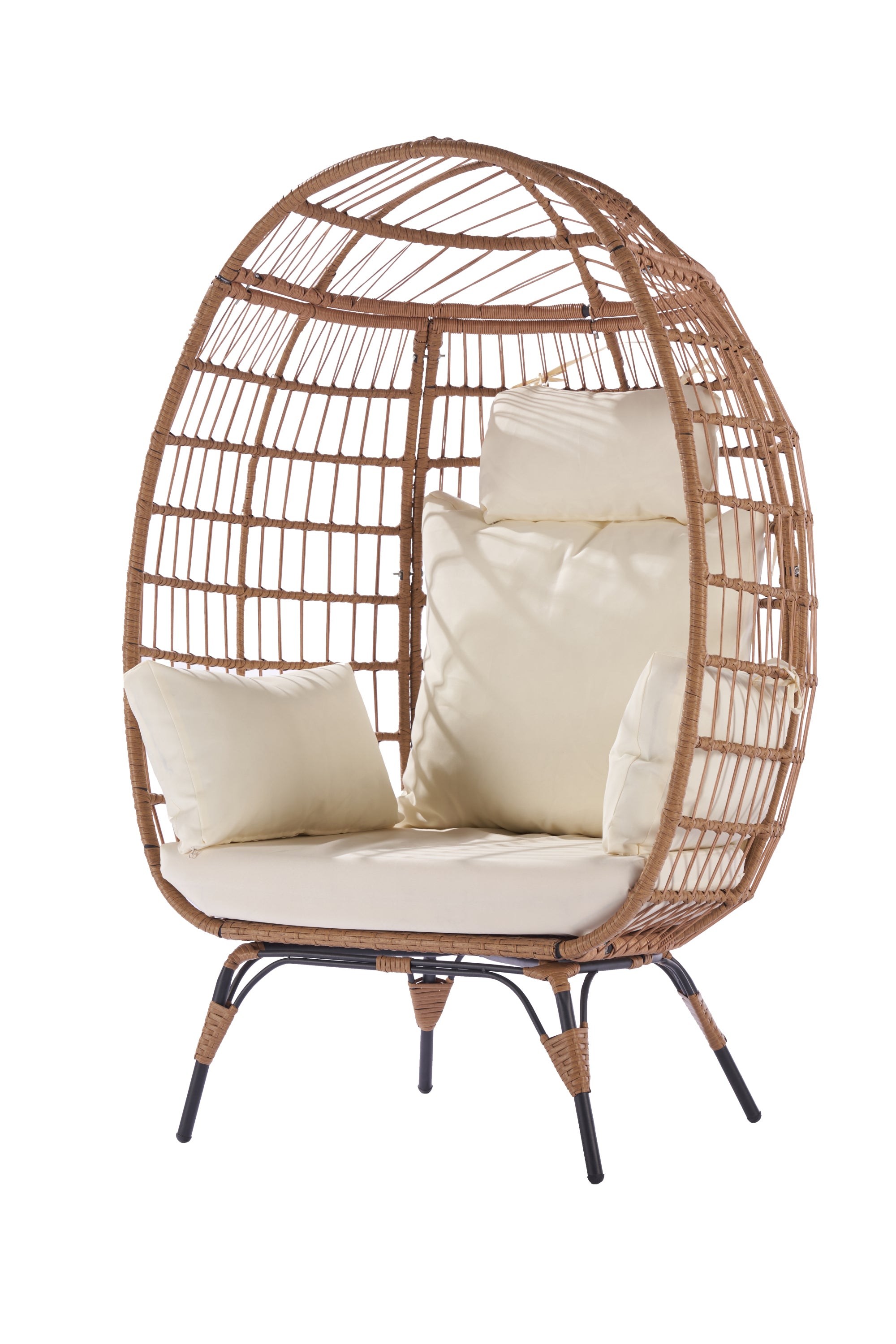 Wicker Egg Chair, Oversized Indoor Outdoor Lounger for Patio, Backyard, Living Room w/ 5 Cushions, Steel Frame,\