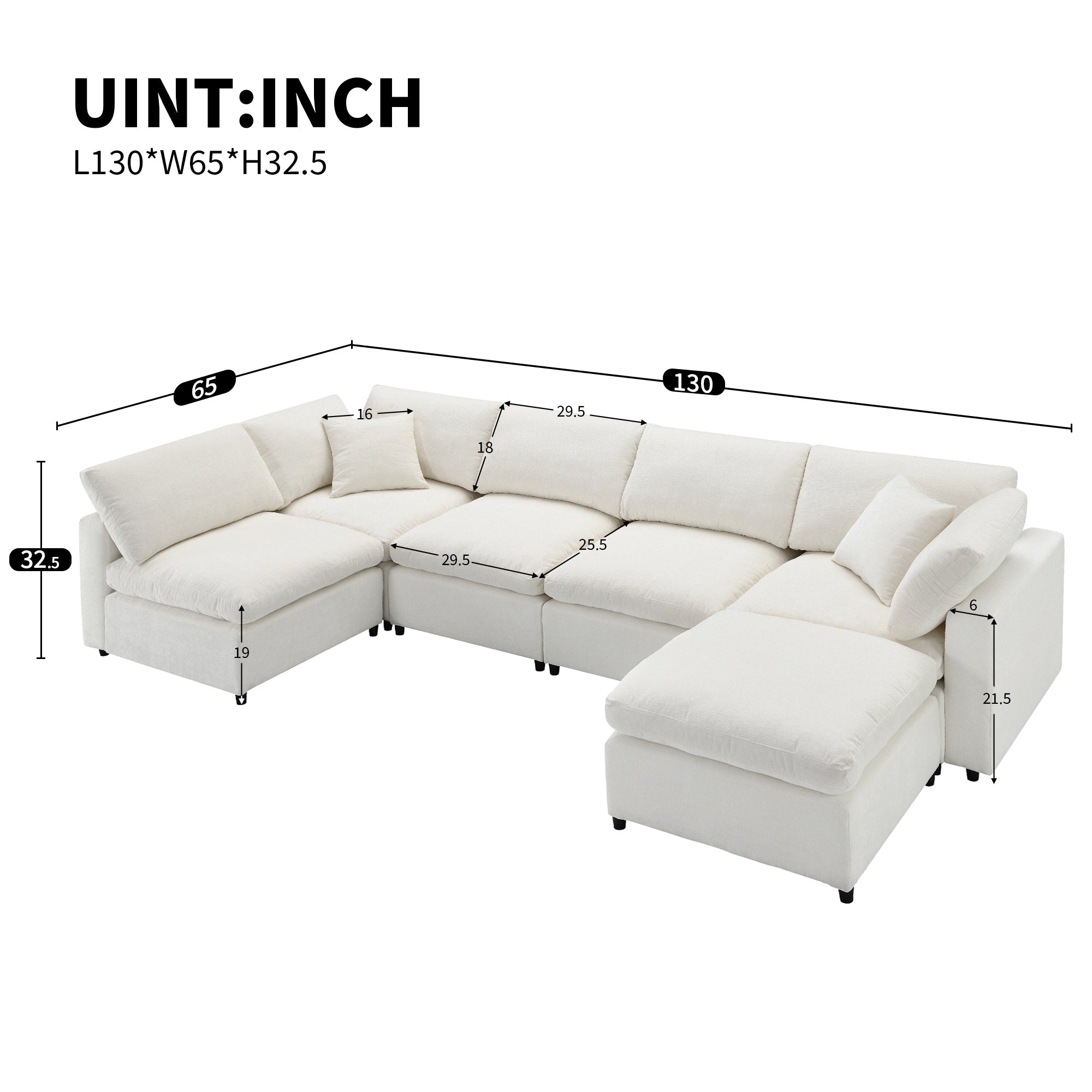 130*65" Modern Modular Cloud Sofa Bed, 6 Seat Chenille Sectional Couch Set with Ottoman,Free Combination,Convertible U Shaped Sleeper Sofa for Living Room, Apartment, 3 Colors