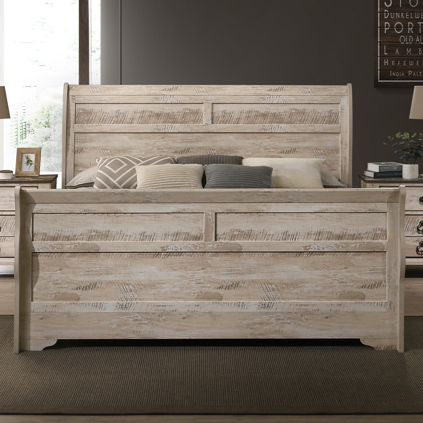 Imerland Contemporary White Wash Finish 3-Piece Bedroom Set-Sleigh Bed and Two Nightstands