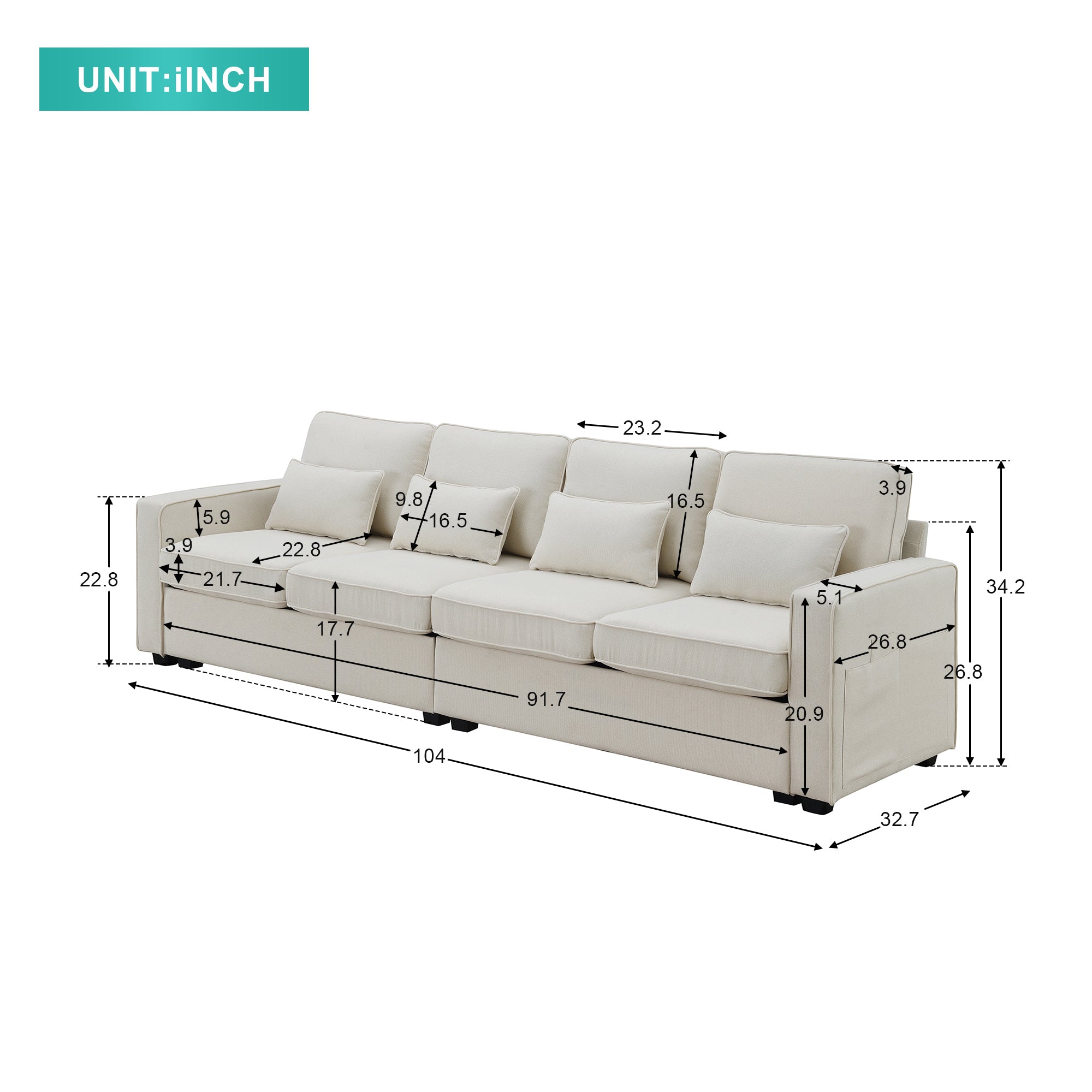 [VIDEO provided] [New] 104" 4-Seater Modern Linen Fabric Sofa with Armrest Pockets and 4 Pillows,Minimalist Style Couch for Living Room, Apartment, Office,3 Colors