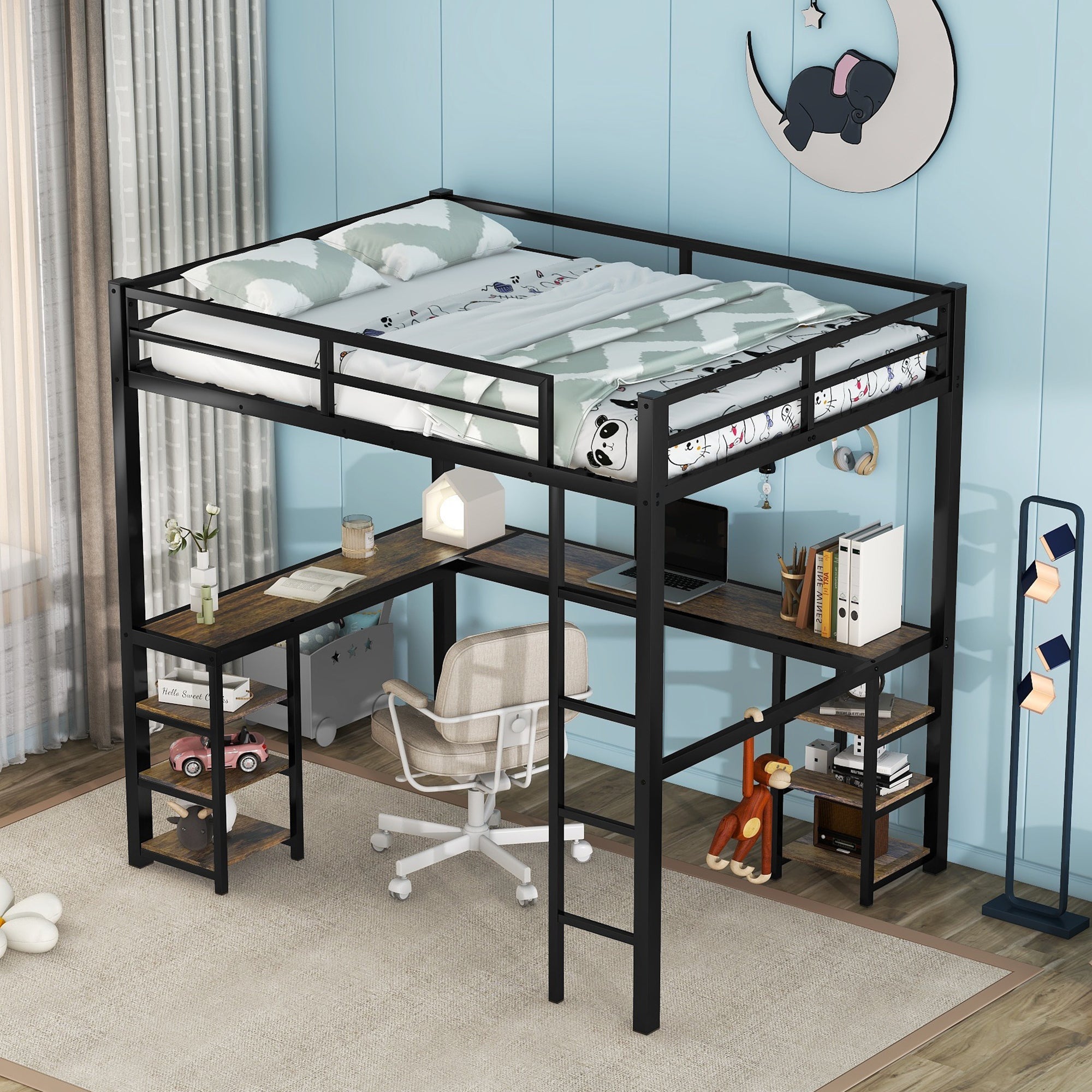 Full Metal Loft Bed with Desk and Shelves, Loft Bed with Ladder and Guardrails, Loft Bed Frame for Bedroom (Black) (Old SKU: W1307S00009)