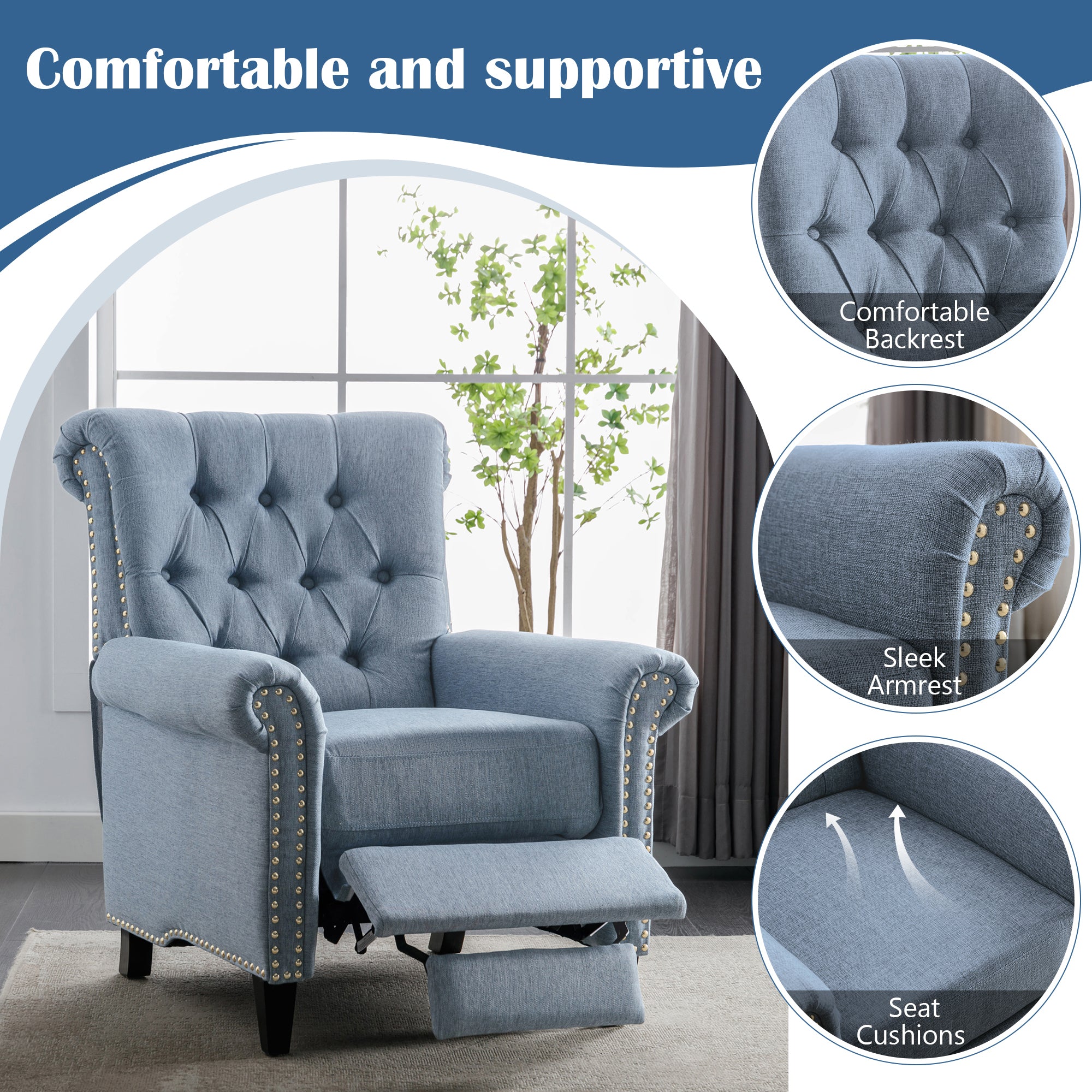 Pushback Linen Tufted Recliner Single Sofa with Nailheads Roll Arm for Living Room, Bedroom, Office, Blue