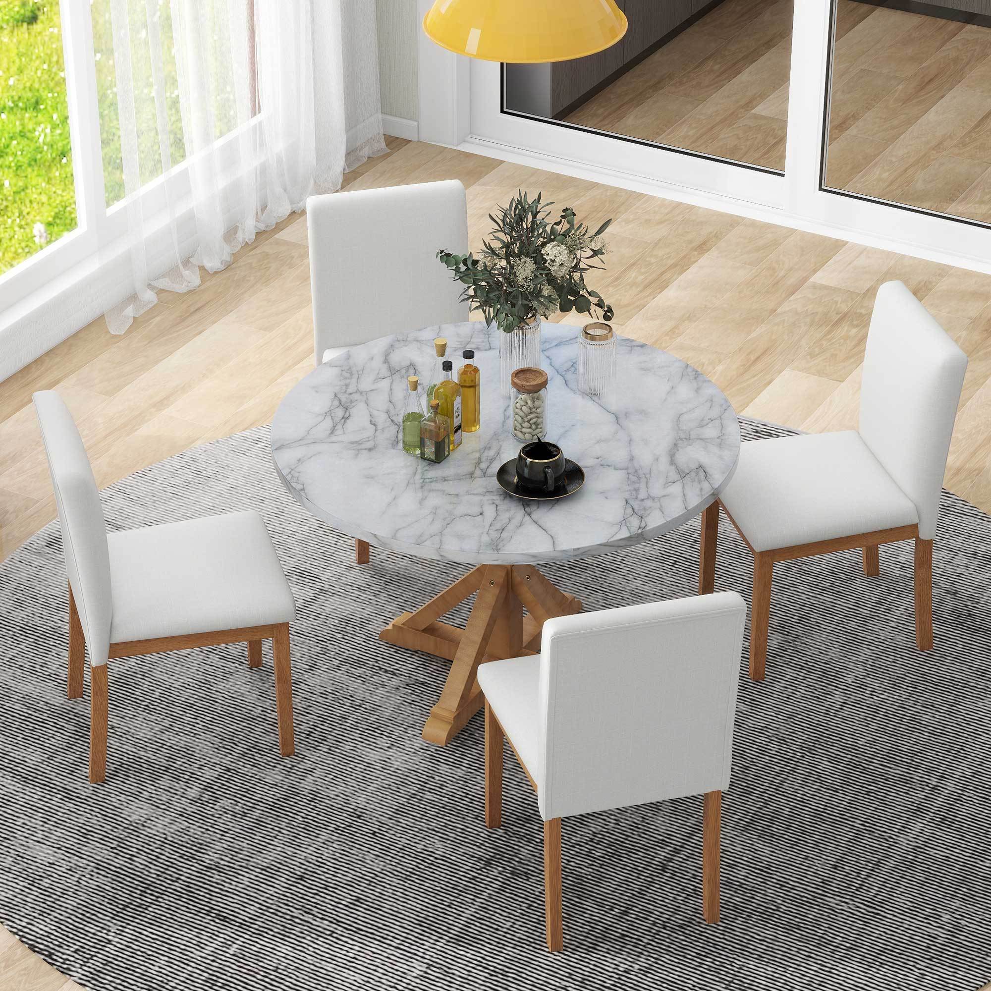 TREXM 5-Piece Farmhouse Style Dining Table Set, Marble Sticker and Cross Bracket Pedestal Dining Table, and 4 Upholstered Chairs (White+Walnut)