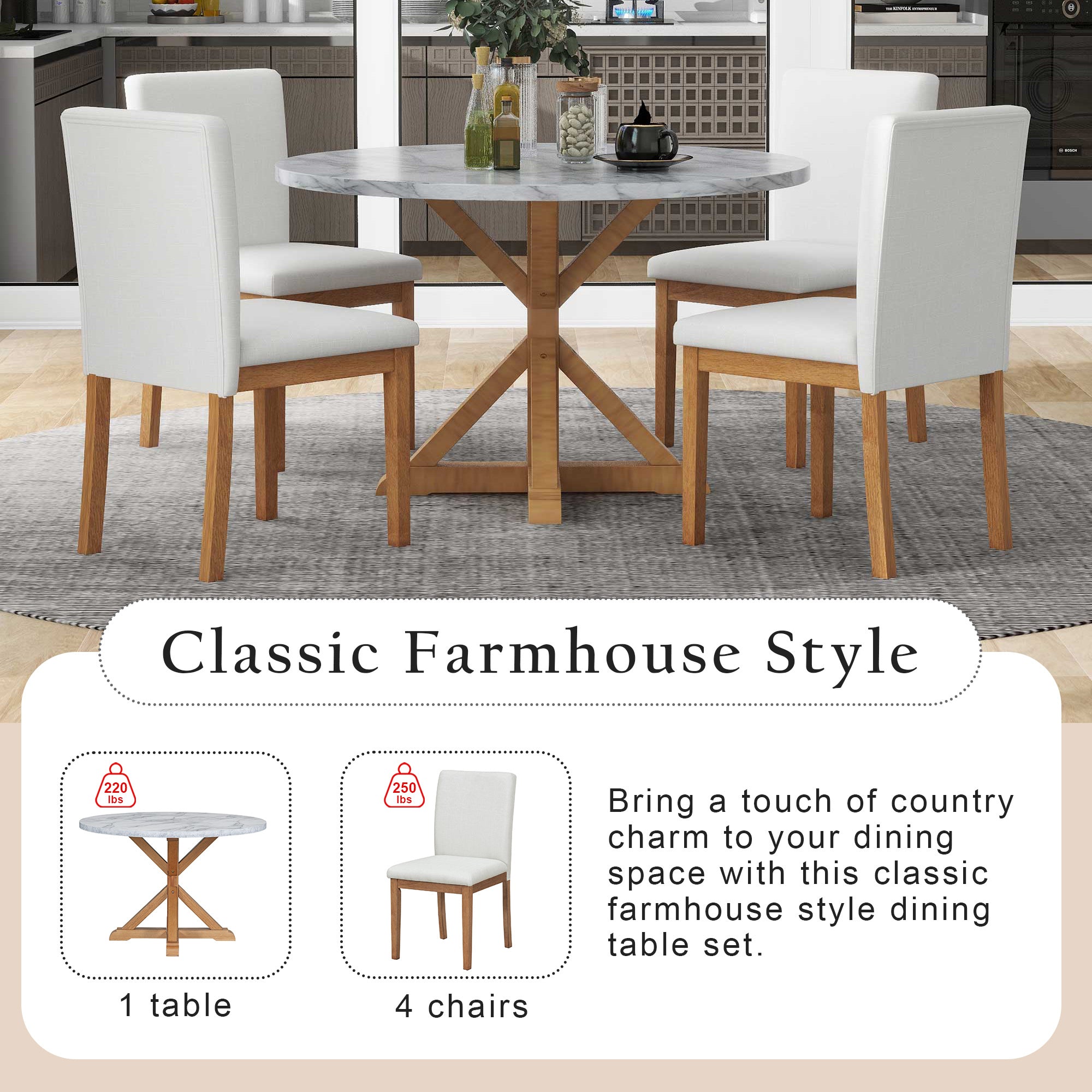 TREXM 5-Piece Farmhouse Style Dining Table Set, Marble Sticker and Cross Bracket Pedestal Dining Table, and 4 Upholstered Chairs (White+Walnut)