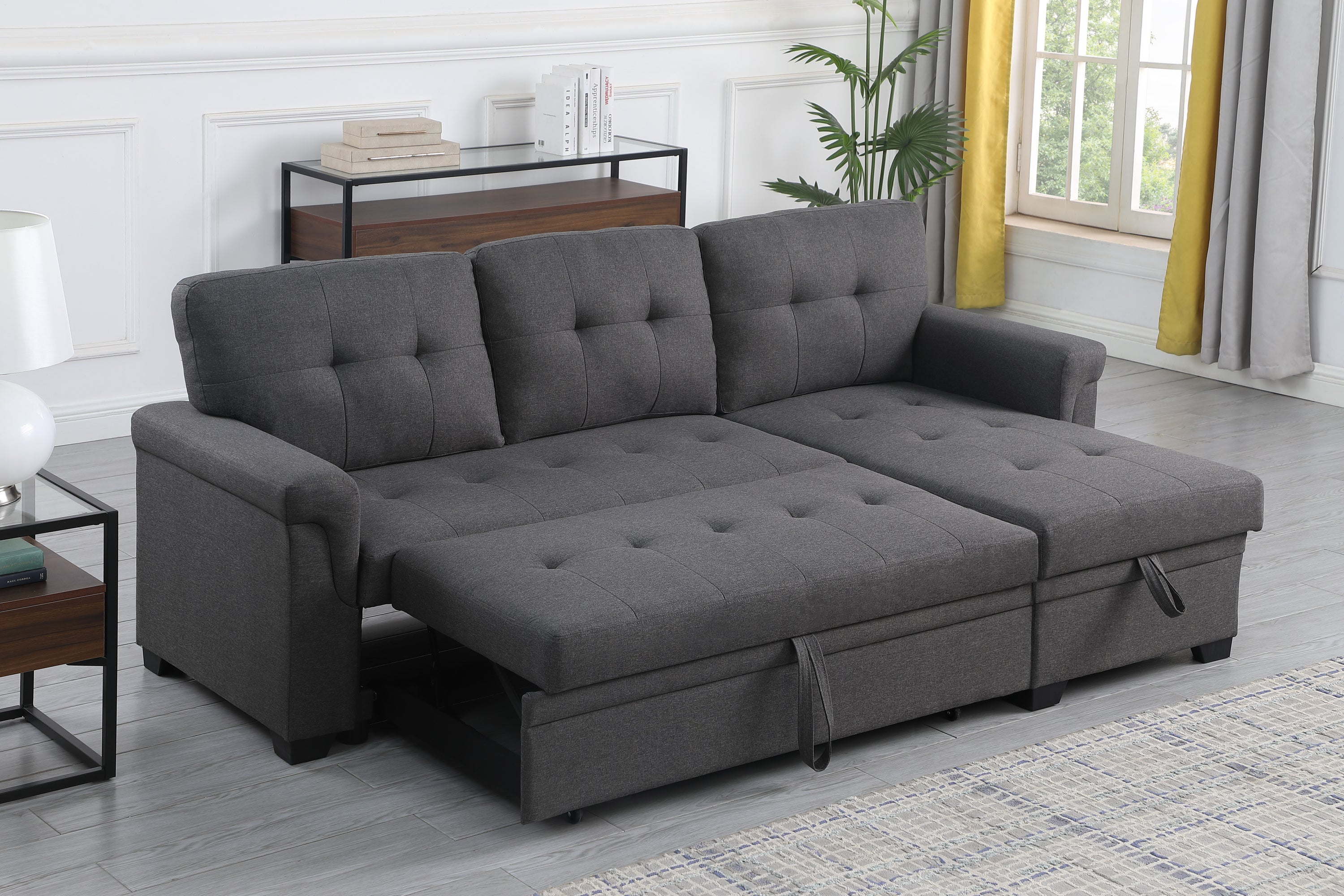 Lucca 84" Linen Reversible Sleeper Sectional Sofa with Storage Chaise