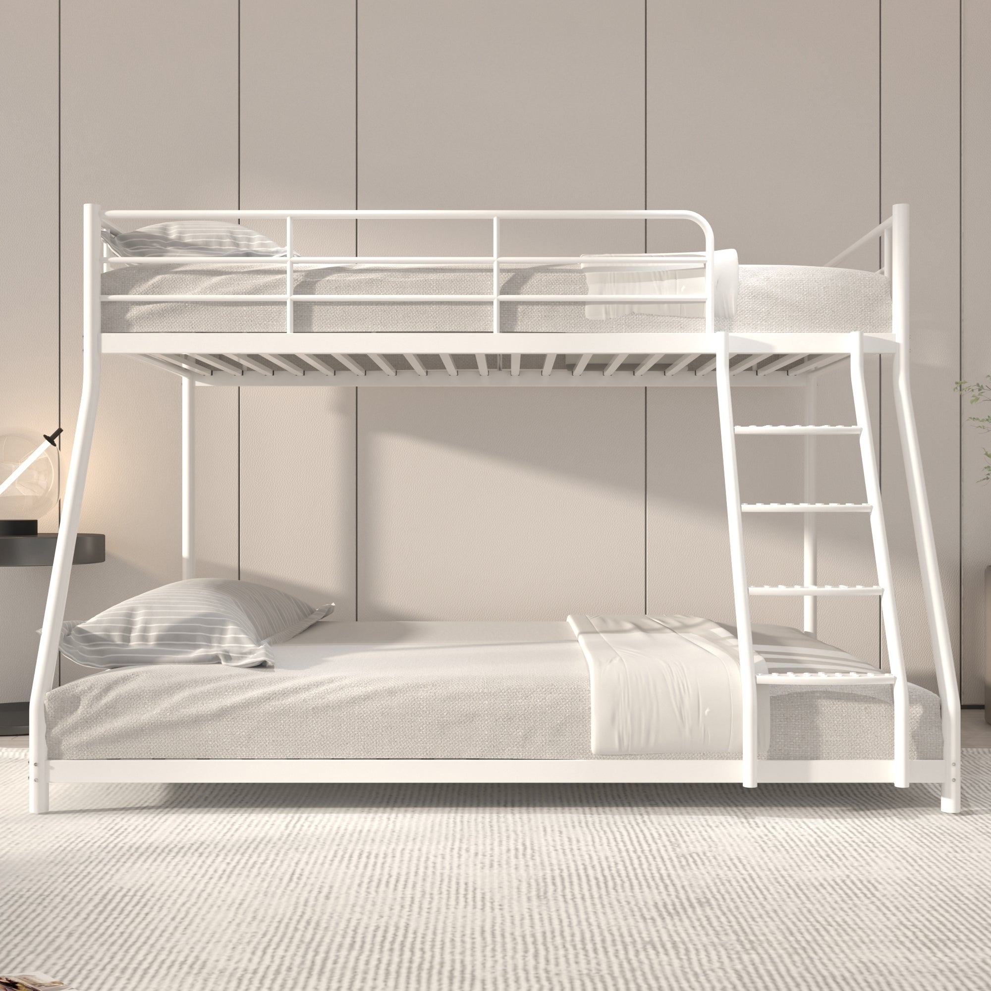 White Twin over Full Metal Bunk Bed with Comfortable Rungs, Easy to assemble