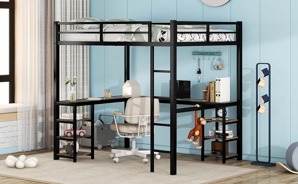 Full Metal Loft Bed with Desk and Shelves, Loft Bed with Ladder and Guardrails, Loft Bed Frame for Bedroom (Black) (Old SKU: W1307S00009)