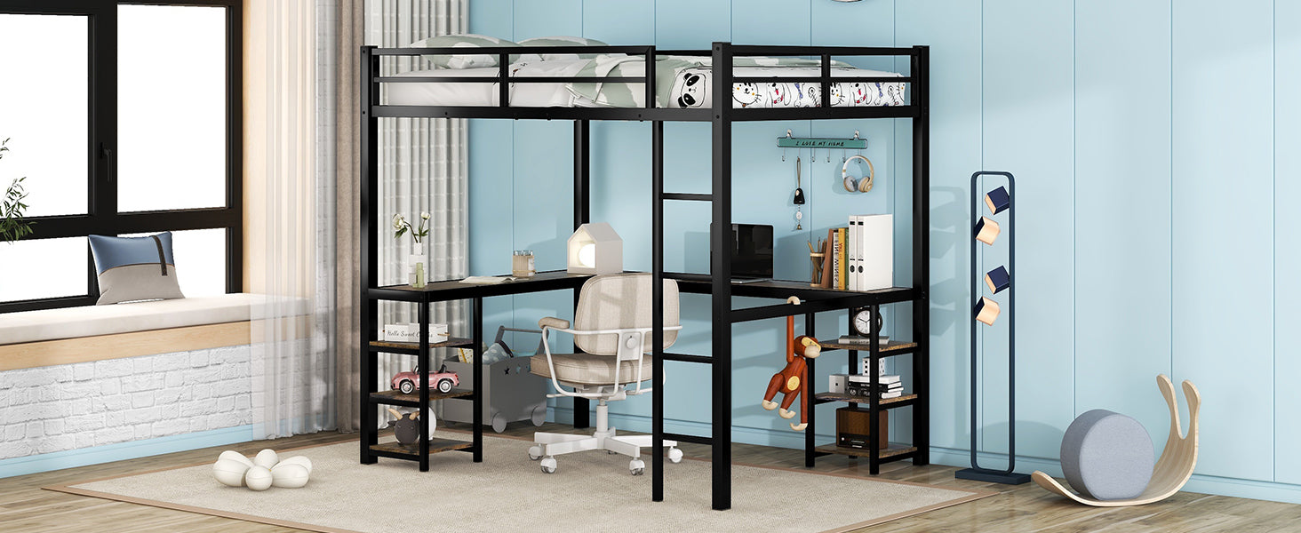 Full Metal Loft Bed with Desk and Shelves, Loft Bed with Ladder and Guardrails, Loft Bed Frame for Bedroom (Black) (Old SKU: W1307S00009)