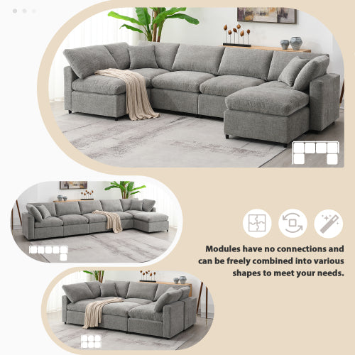 130*65" Modern Modular Cloud Sofa Bed, 6 Seat Chenille Sectional Couch Set with Ottoman,Free Combination,Convertible U Shaped Sleeper Sofa for Living Room, Apartment, 3 Colors