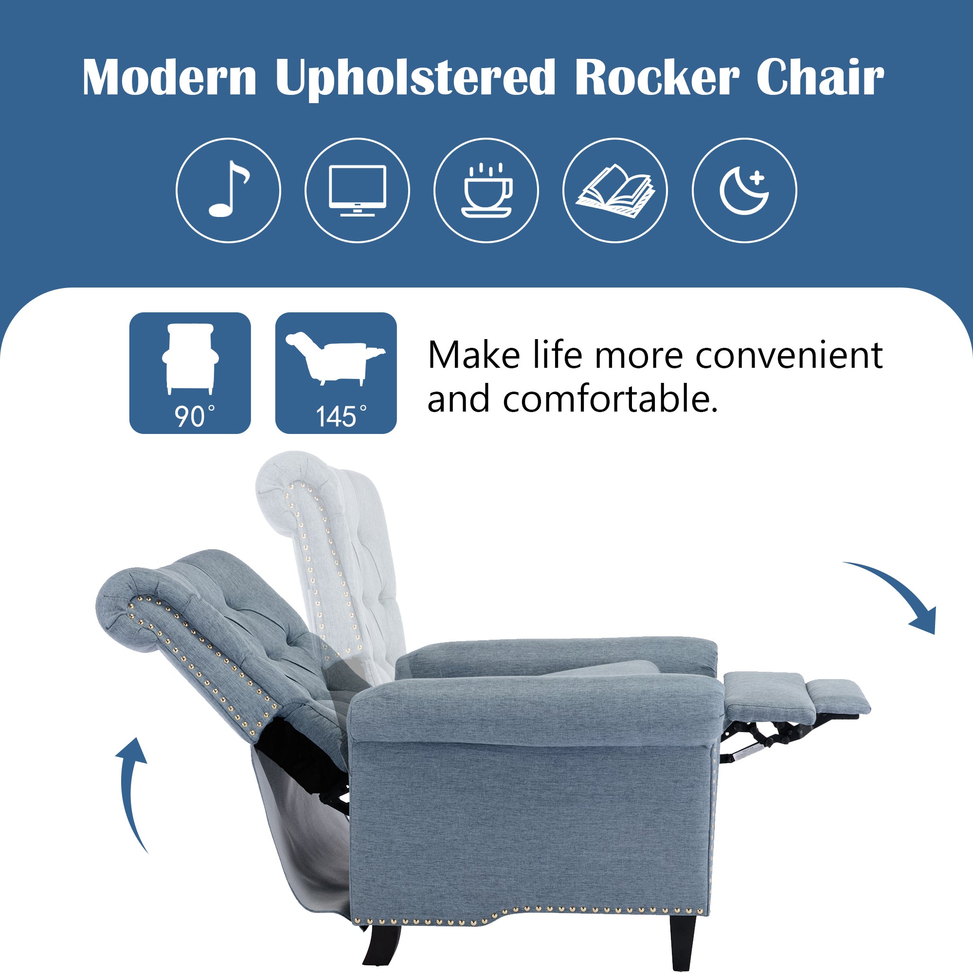 Pushback Linen Tufted Recliner Single Sofa with Nailheads Roll Arm for Living Room, Bedroom, Office, Blue