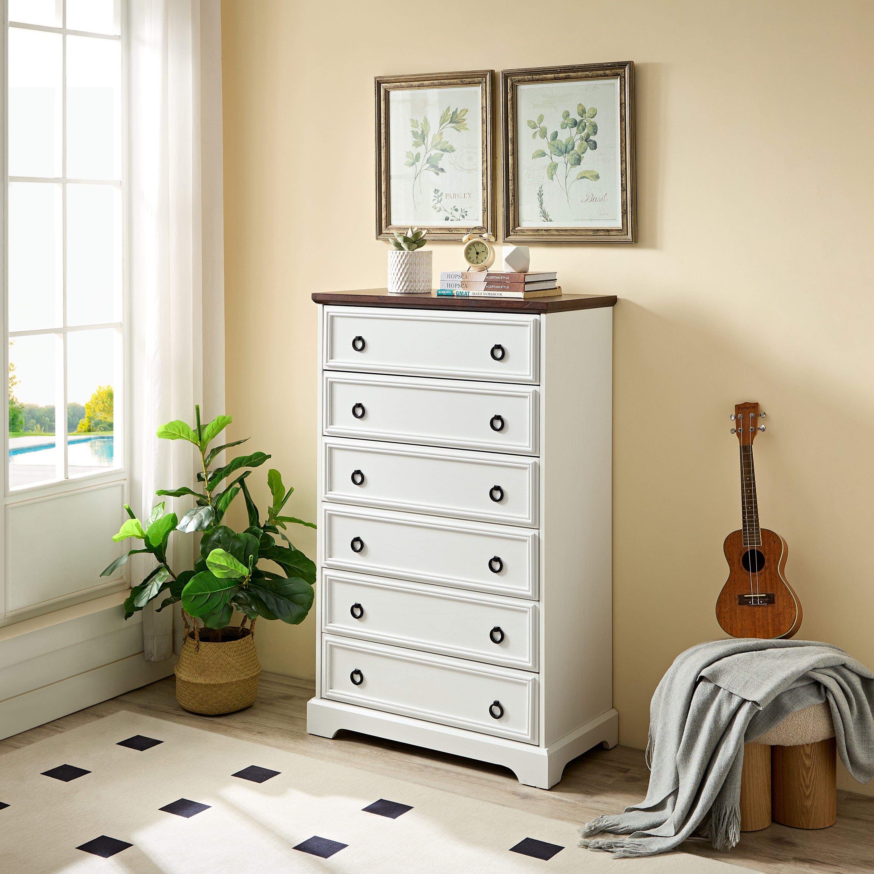 Modern 6 Drawer Dresser, Dressers for Bedroom, Tall Chest of Drawers Closet Organizers & Storage Clothes - Easy Pull Handle, Textured Borders Living Room, Hallway,L 29.53''*W15.75''*H48.03''White