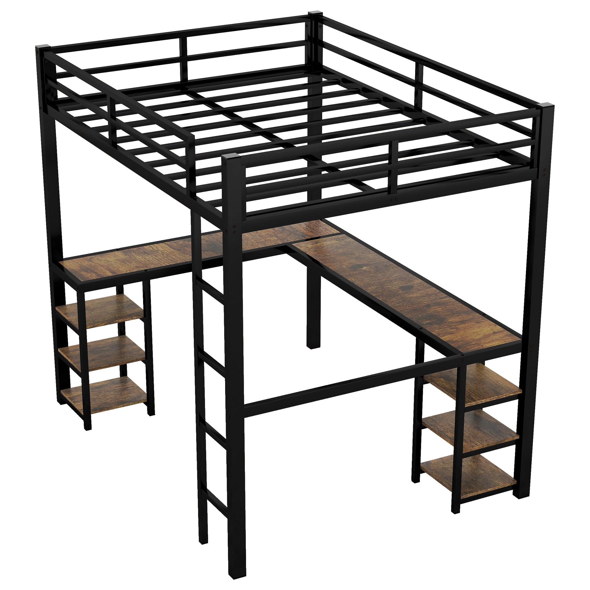 Full Metal Loft Bed with Desk and Shelves, Loft Bed with Ladder and Guardrails, Loft Bed Frame for Bedroom (Black) (Old SKU: W1307S00009)